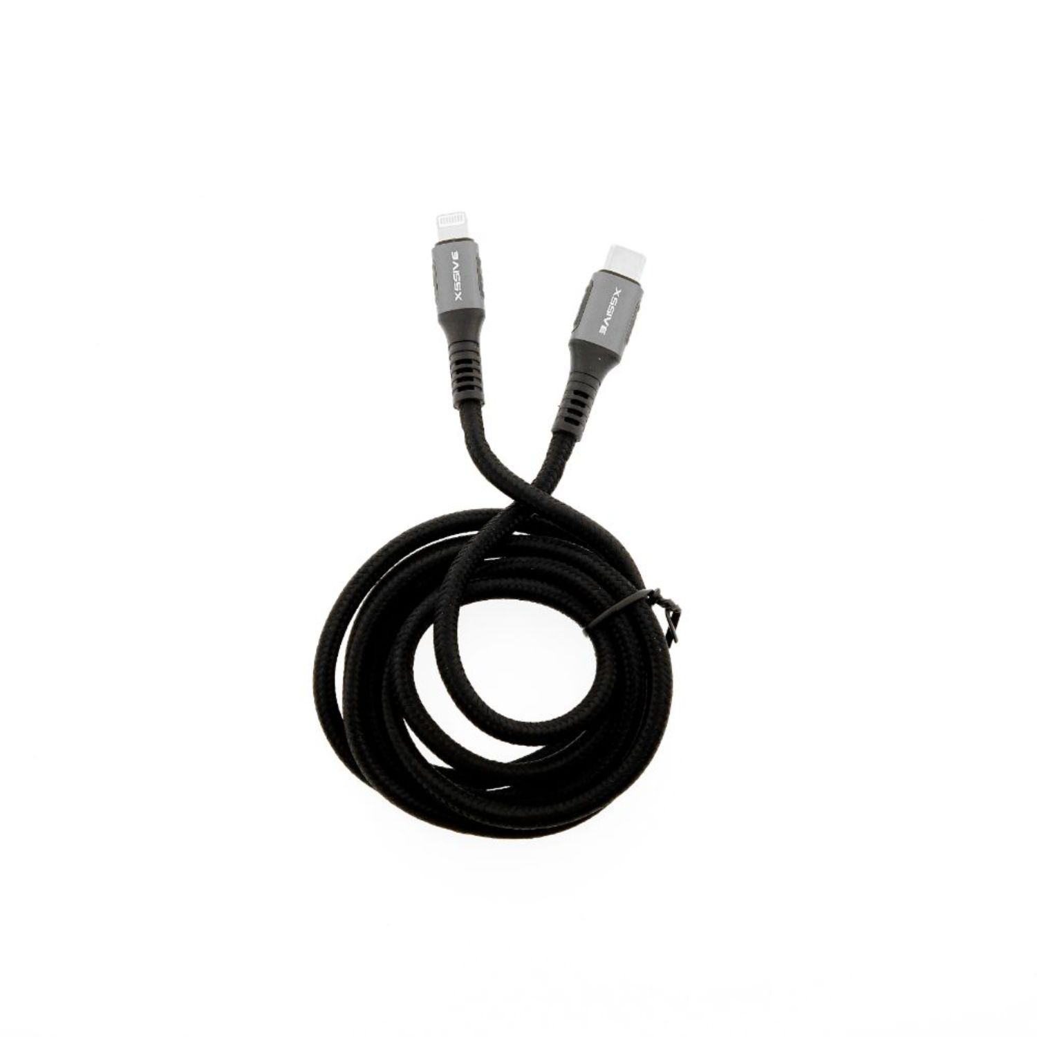 Schwarzes Telefon-Ladekabel mit USB-C- und Lightning-Anschlüssen. Weißer Hintergrund.