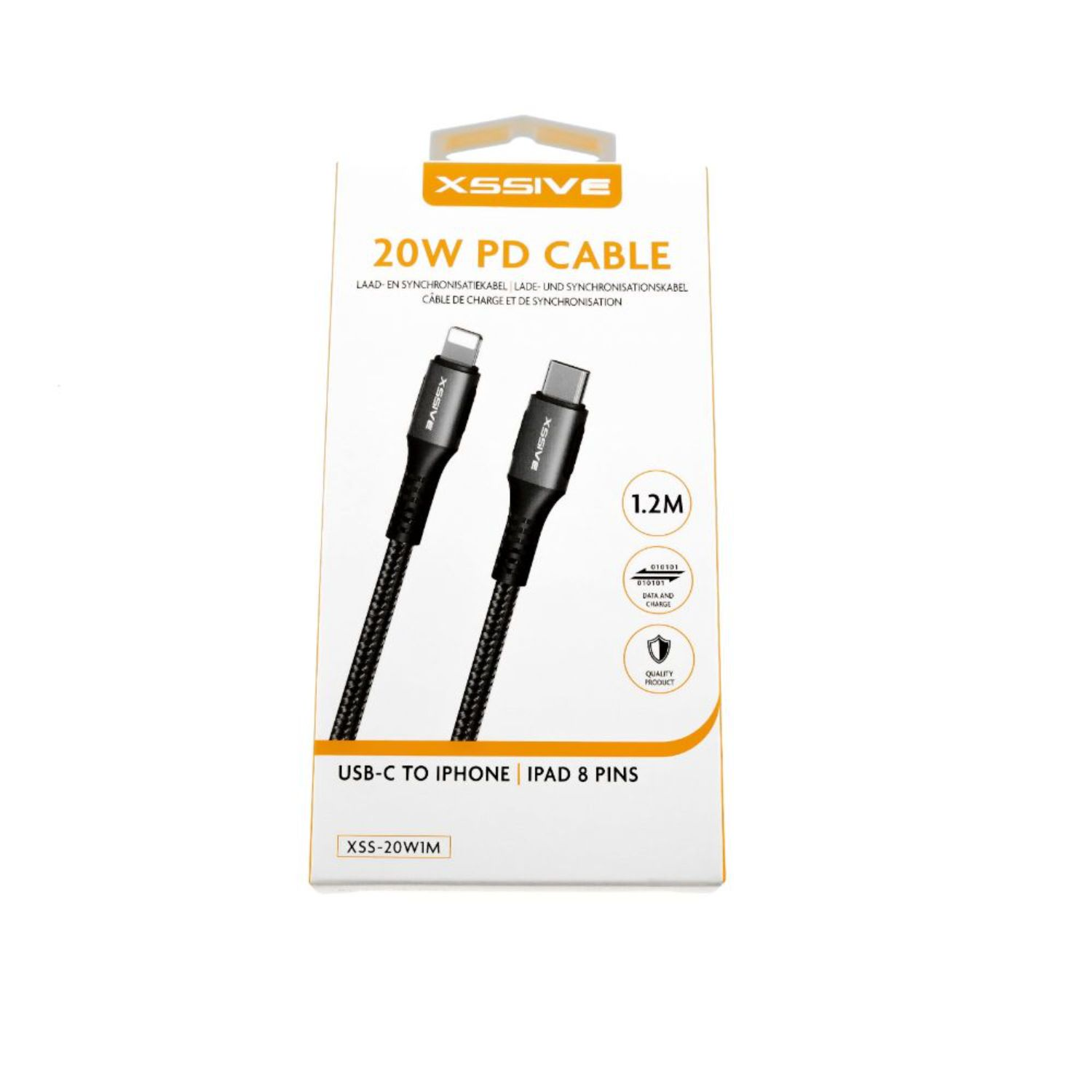 Produktaufnahme eines 20W PD-Kabels für das iPhone. Kabel ist schwarz, mit weißer Verpackung und Text.