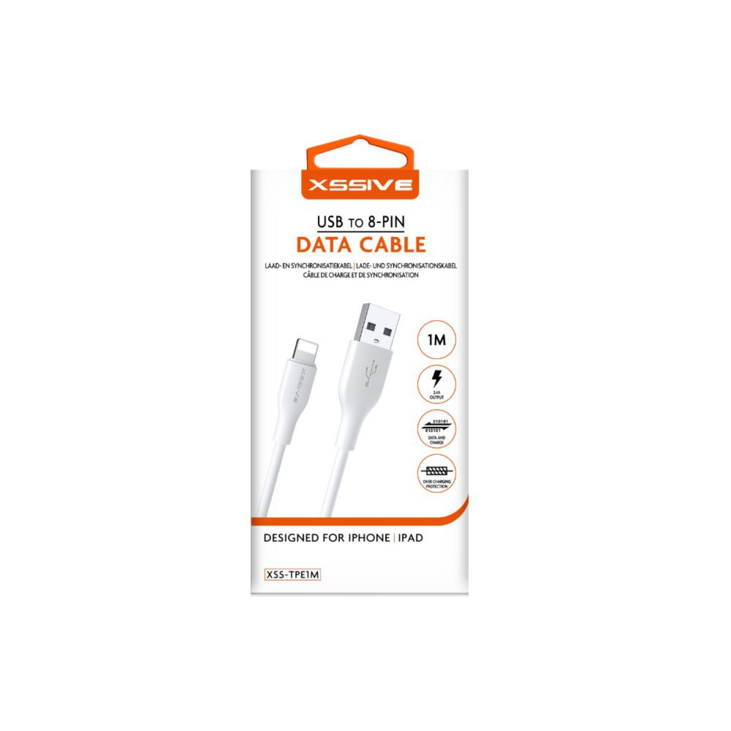 Eine weiße USB-zu-8-Pin-Datenkabelverpackung, entworfen für iPhone/iPad. Das Kabel ist weiß.