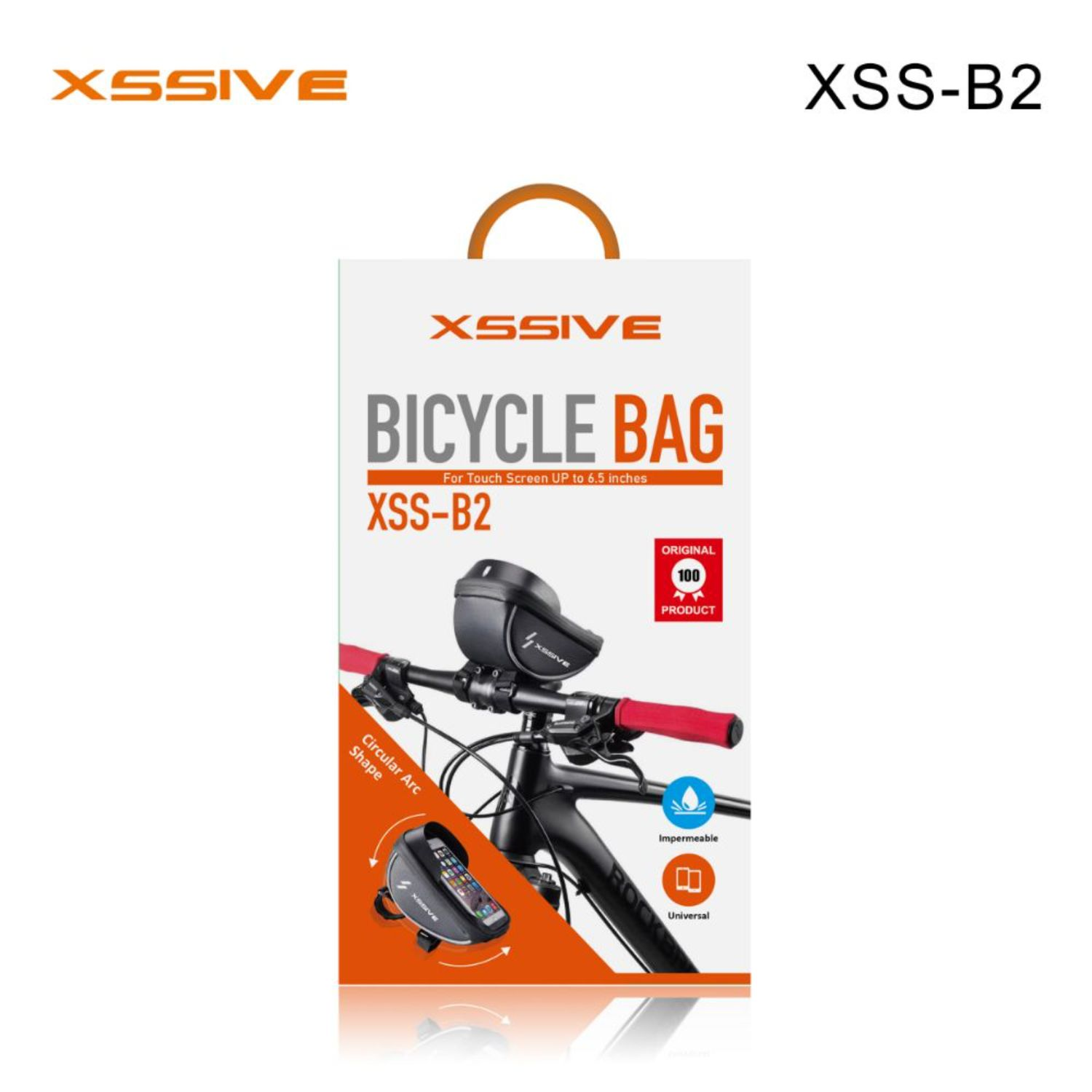 Fahrradtasche auf einem Fahrrad, mit Bildern von kreisförmiger Bogenform und Details der Tasche, Logo.
