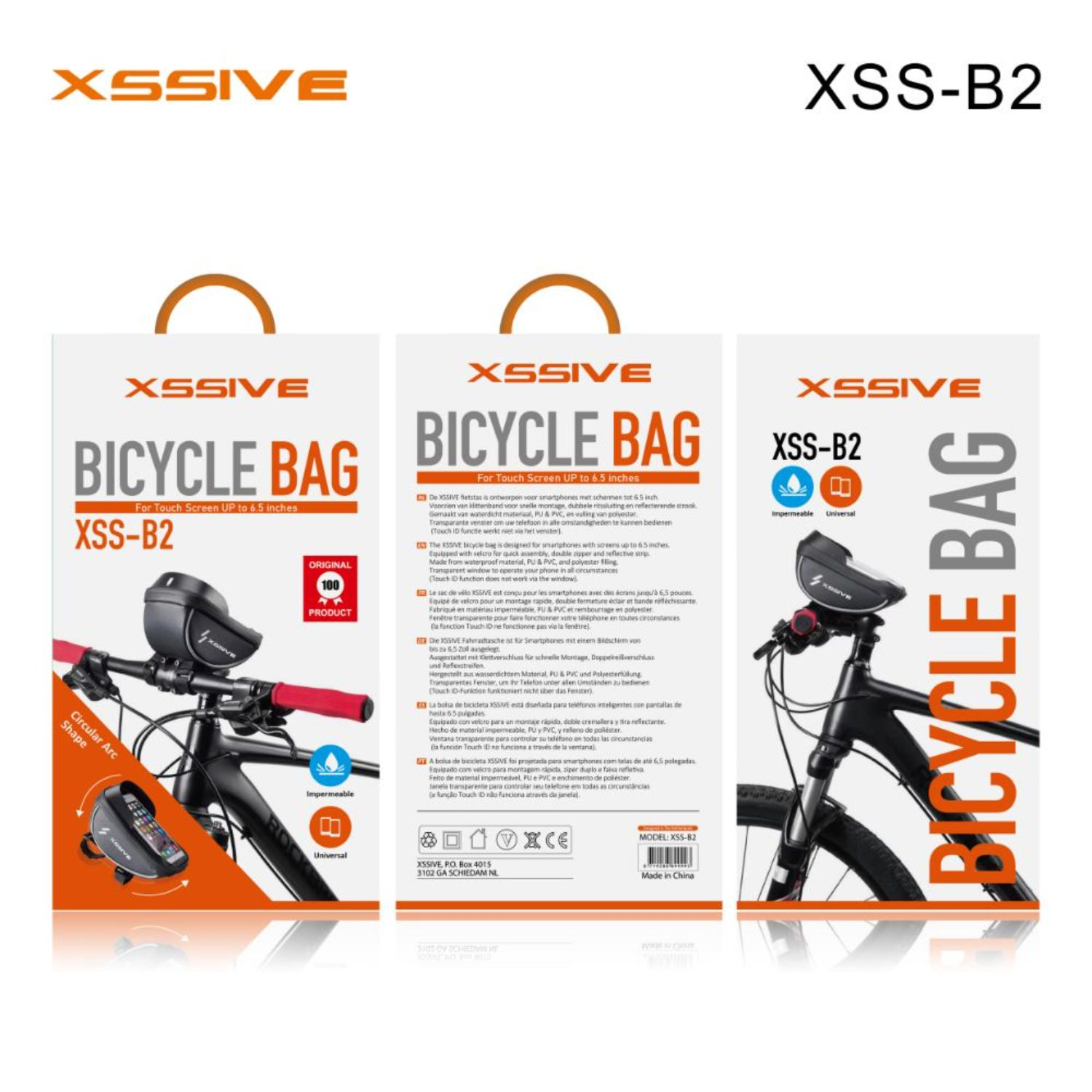 Fahrradtasche Produktdisplay. Mehrere Ansichten mit Text. XSSIVE FAHRRADTASCHE für Touchscreen-Telefone.