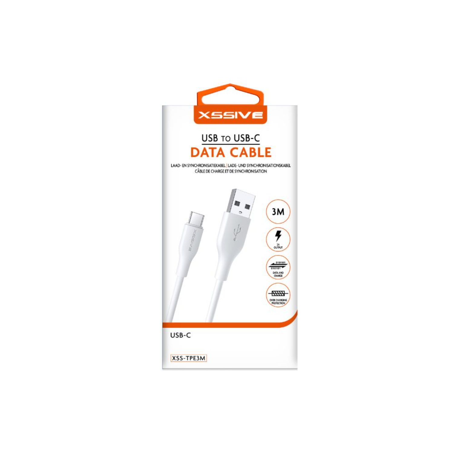 Weiße USB-zu-USB-C-Datenkabelverpackung mit Produktdetails.