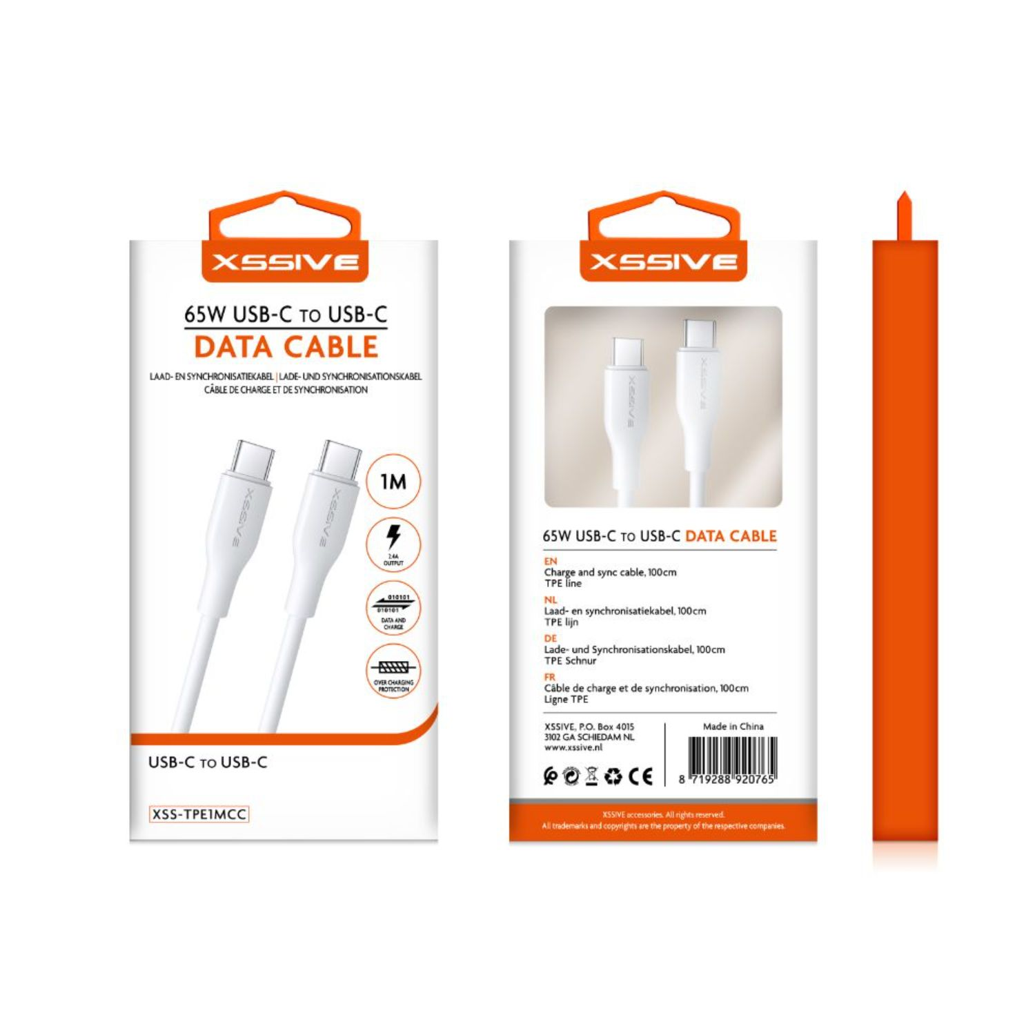 Weiße und schwarze USB-C-Datenkabelverpackung, mit dem Produkt abgebildet.
