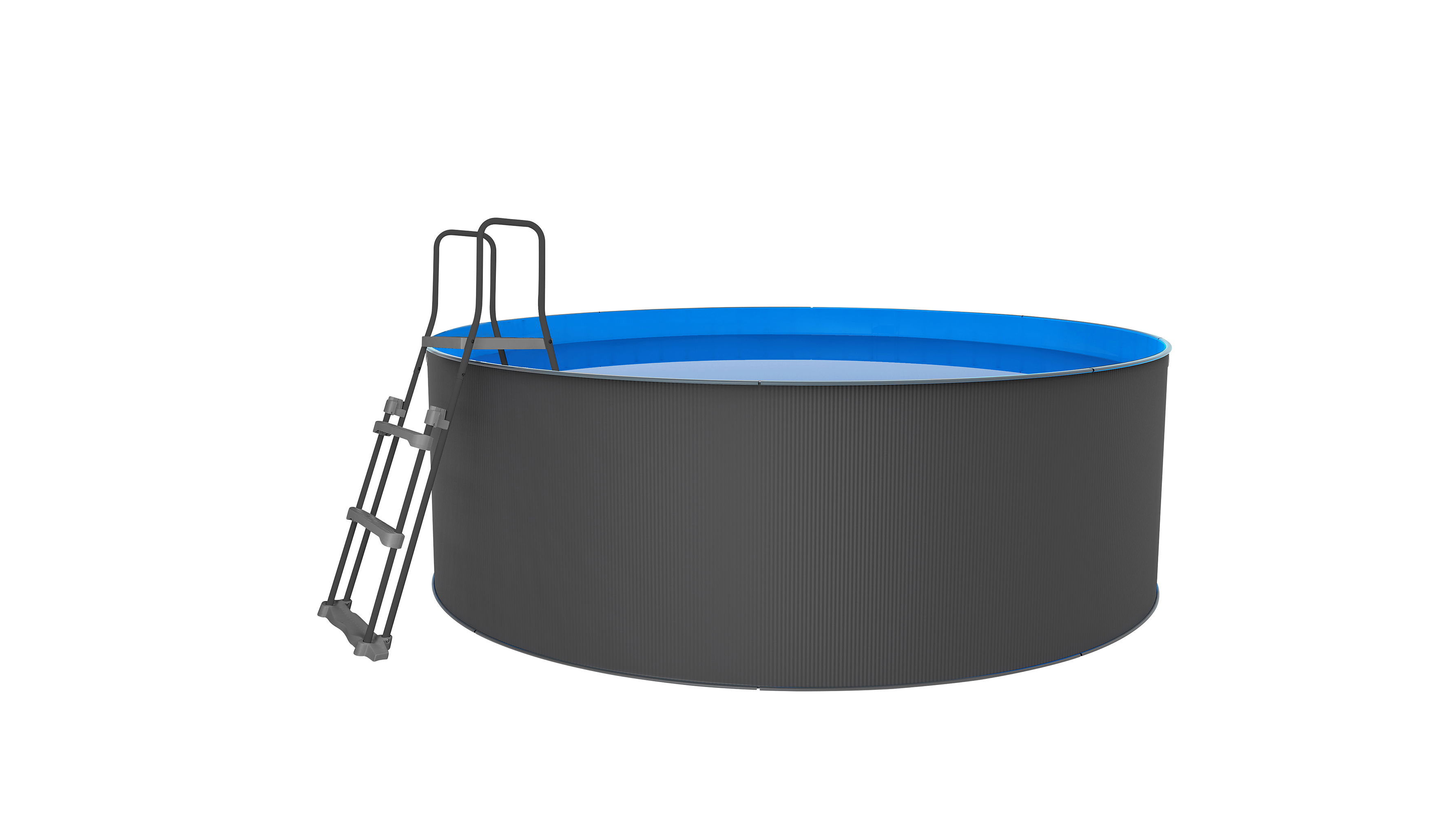 Runder oberirdischer Pool mit Leiter. Der Pool hat ein dunkelgraues Äußeres und ein blaues Inneres.