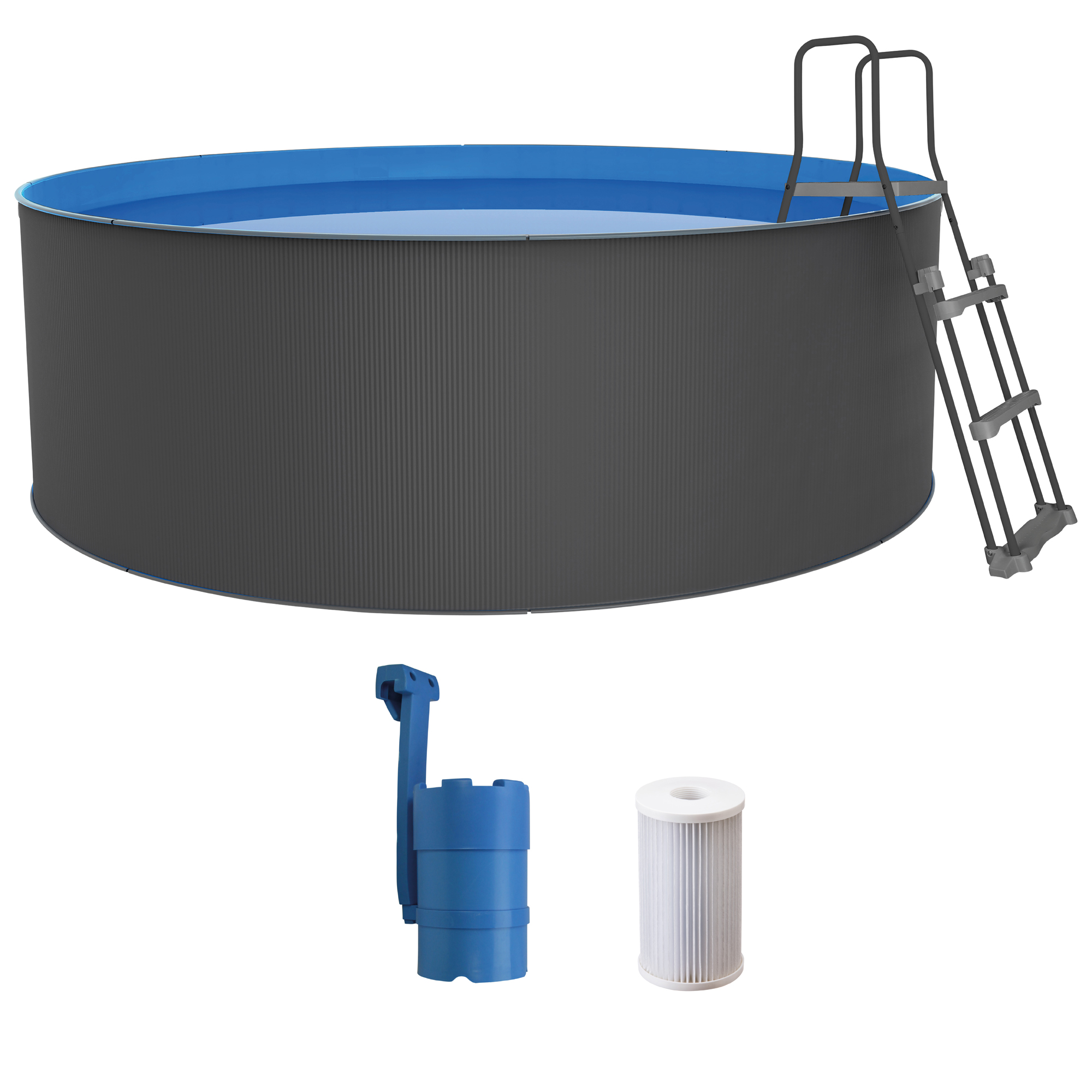 Aufstellpool, dunkelgraue Seiten, blauer Innenraum, Leiter und ein blauer Chemikalienspender und ein Filter.