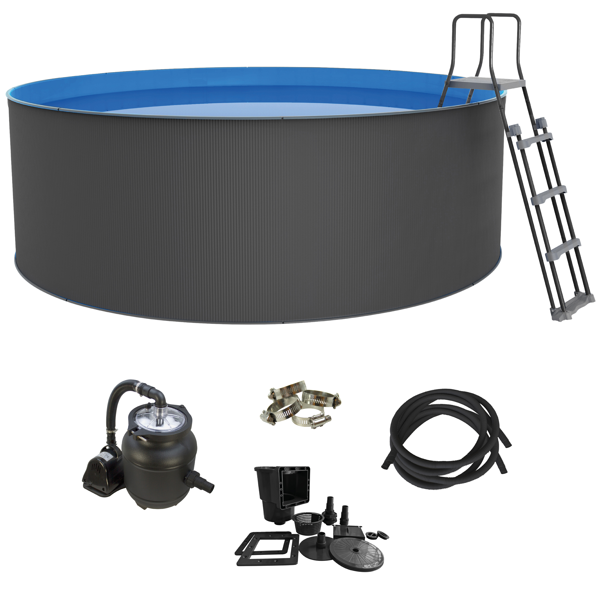Aufstellpool mit Leiter und Zubehör. Der Pool hat dunkelgraue Seiten und blaues Wasser.