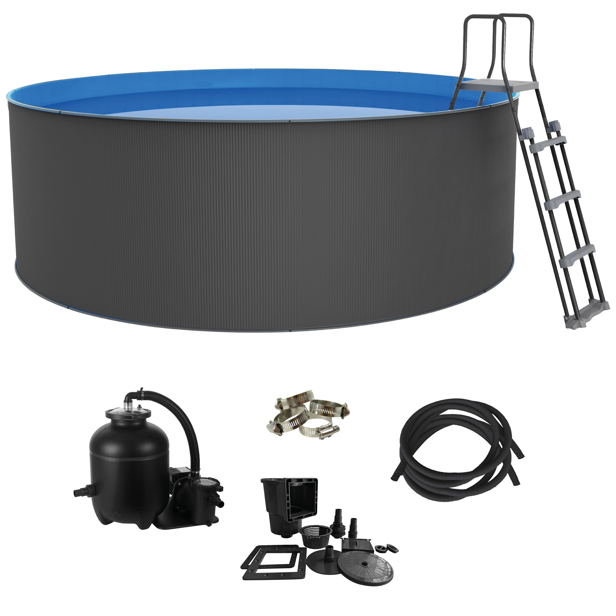 Piscina elevada con escalera y accesorios: bomba, mangueras, conexiones y abrazaderas.