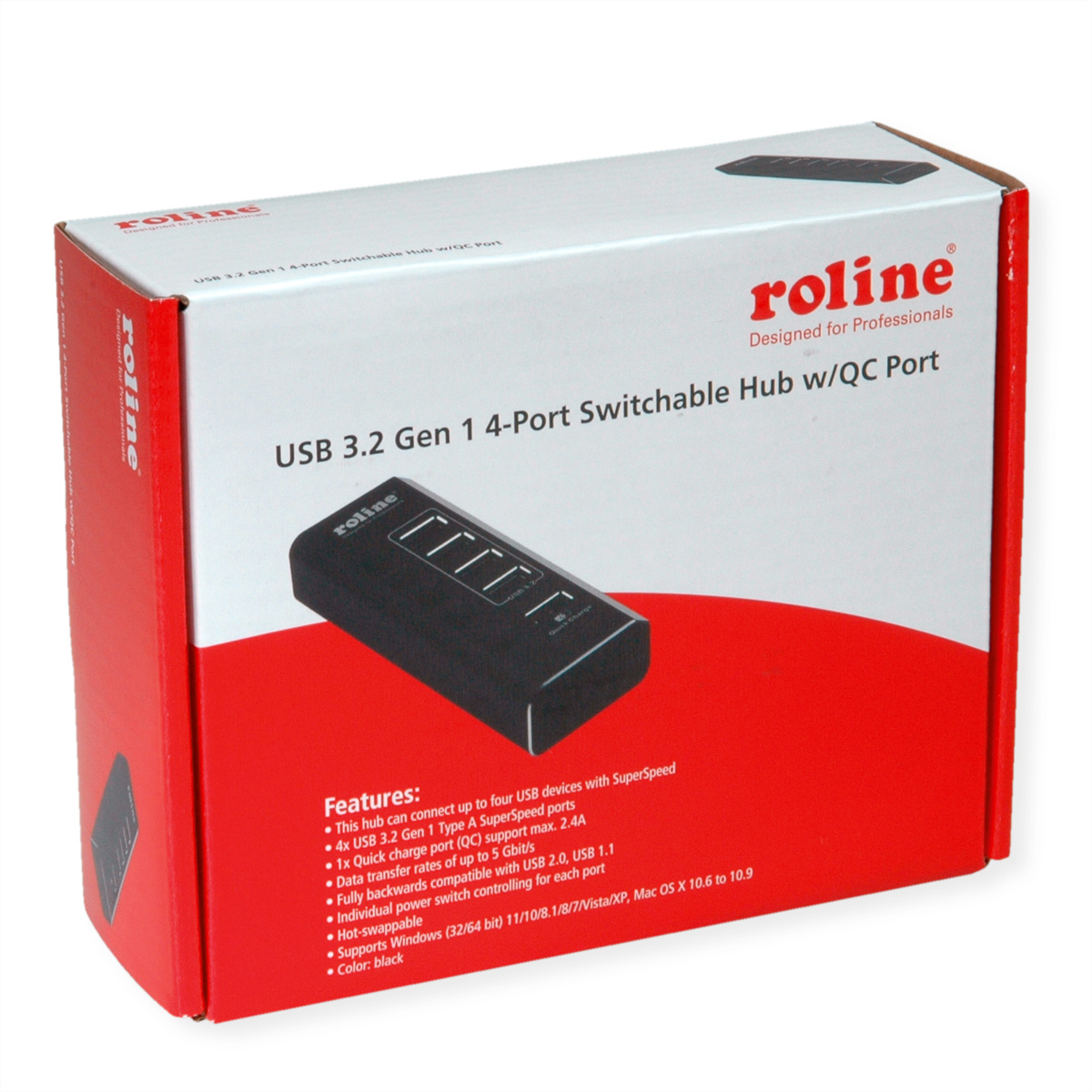 Hub nero in scatola con design rosso e bianco, etichettato 'USB 3.2 Gen 1 4-Port Switchable Hub'.