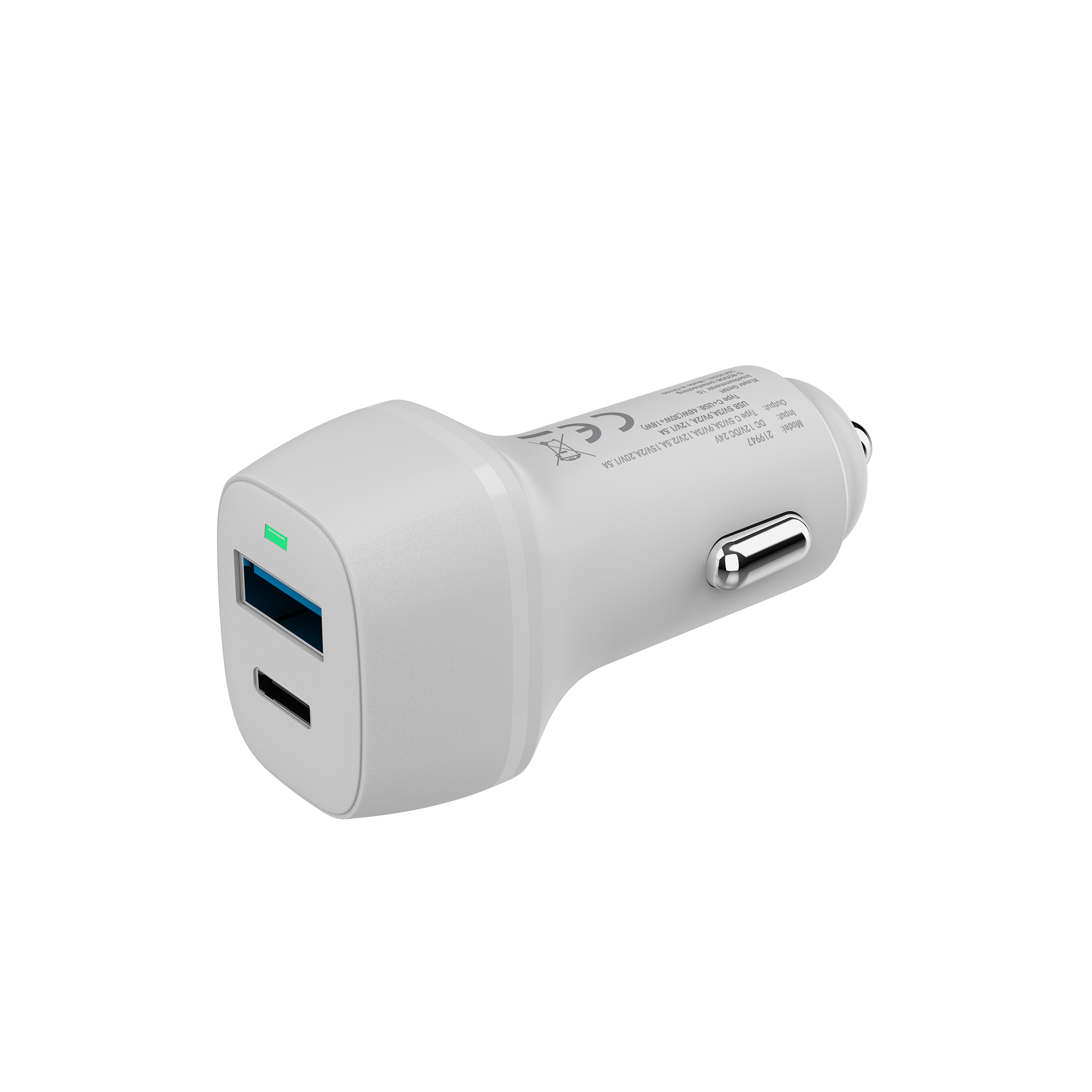 Ein weißes und graues Autoladegerät mit zwei USB-Anschlüssen.