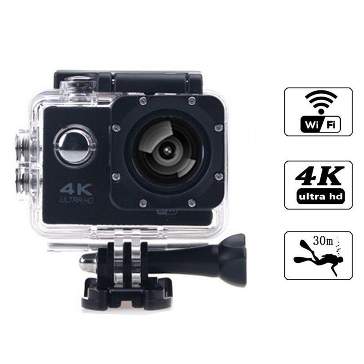 Czarna kamera sportowa w przezroczystej obudowie, z mocowaniem i ikonami Wi-Fi, 4K i nurkowania.