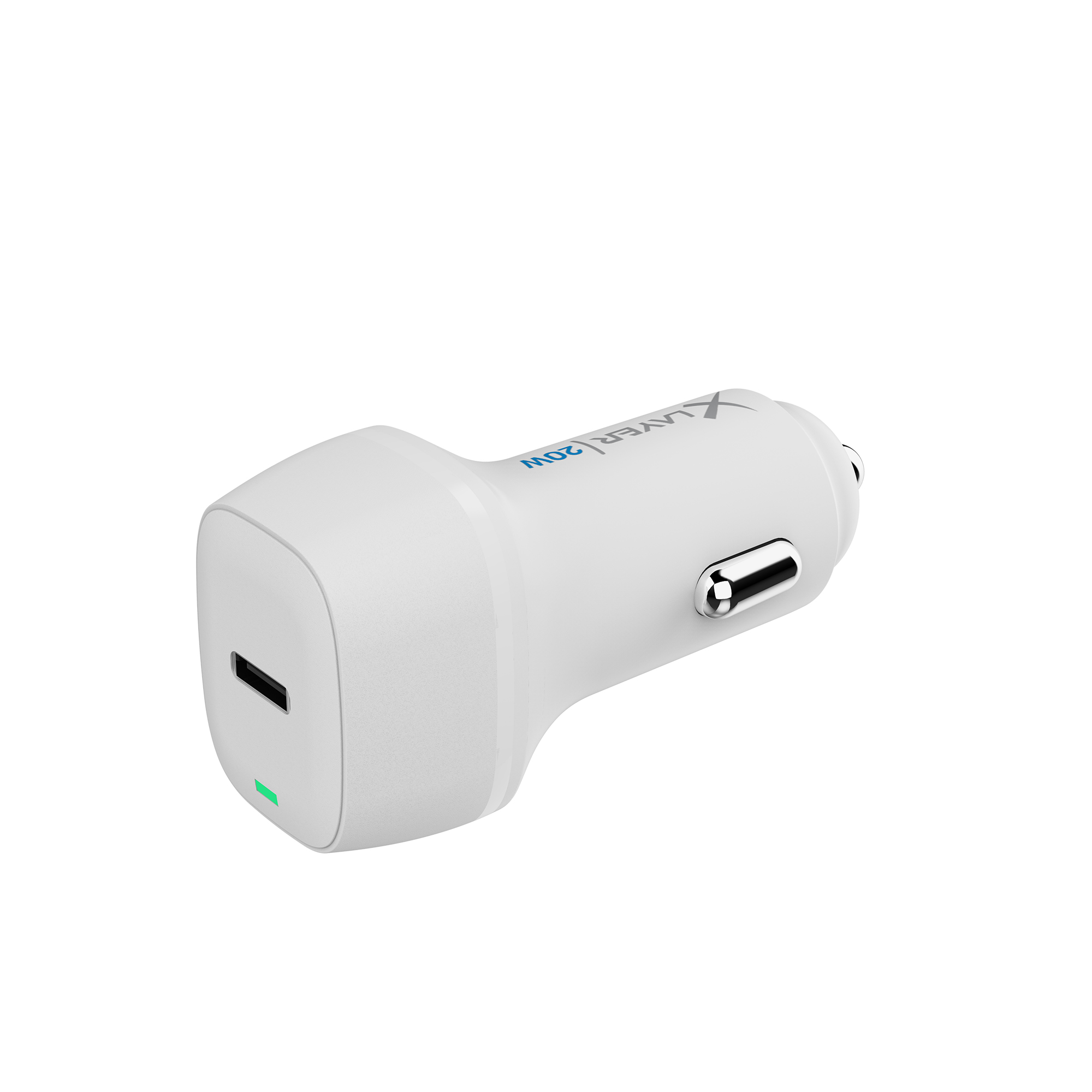 Weißes Autoladegerät mit USB-Anschluss und dem Markennamen XLAYER an der Seite.