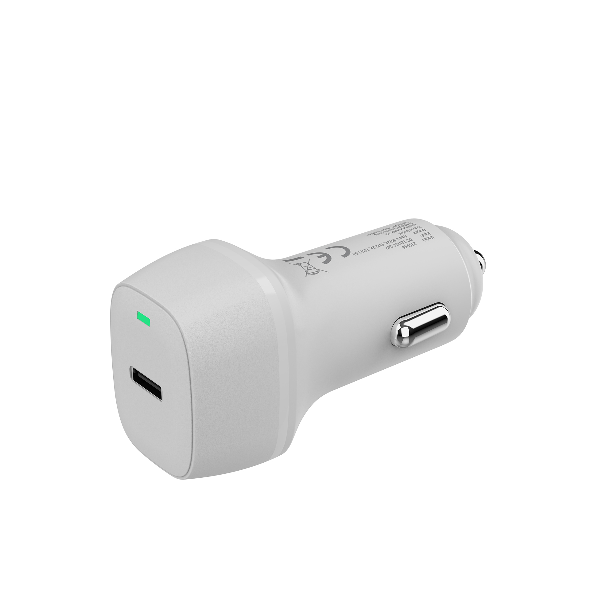 Ein weißes Autoladegerät mit USB-Anschluss und grüner Kontrollleuchte.