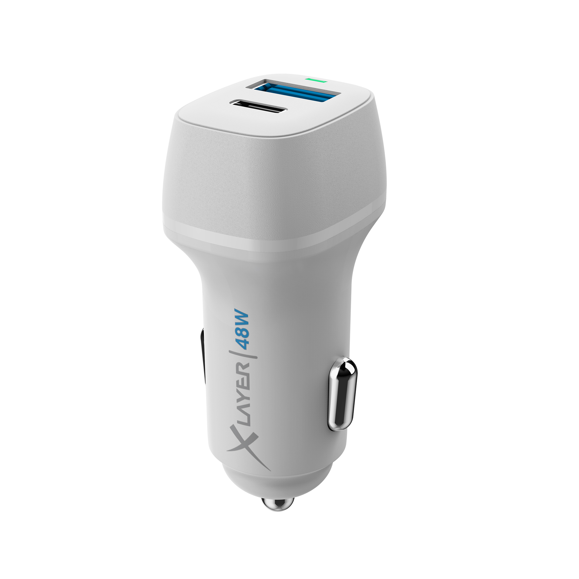Weißes und graues Autoladegerät mit zwei USB-Anschlüssen, 48W.