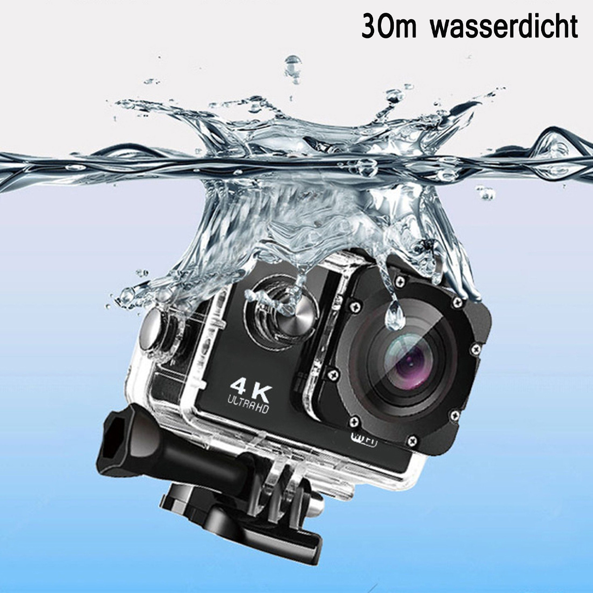 Unterwasser-Action-Kamera mit Wasserspritzer. Text: 30m wasserdicht.