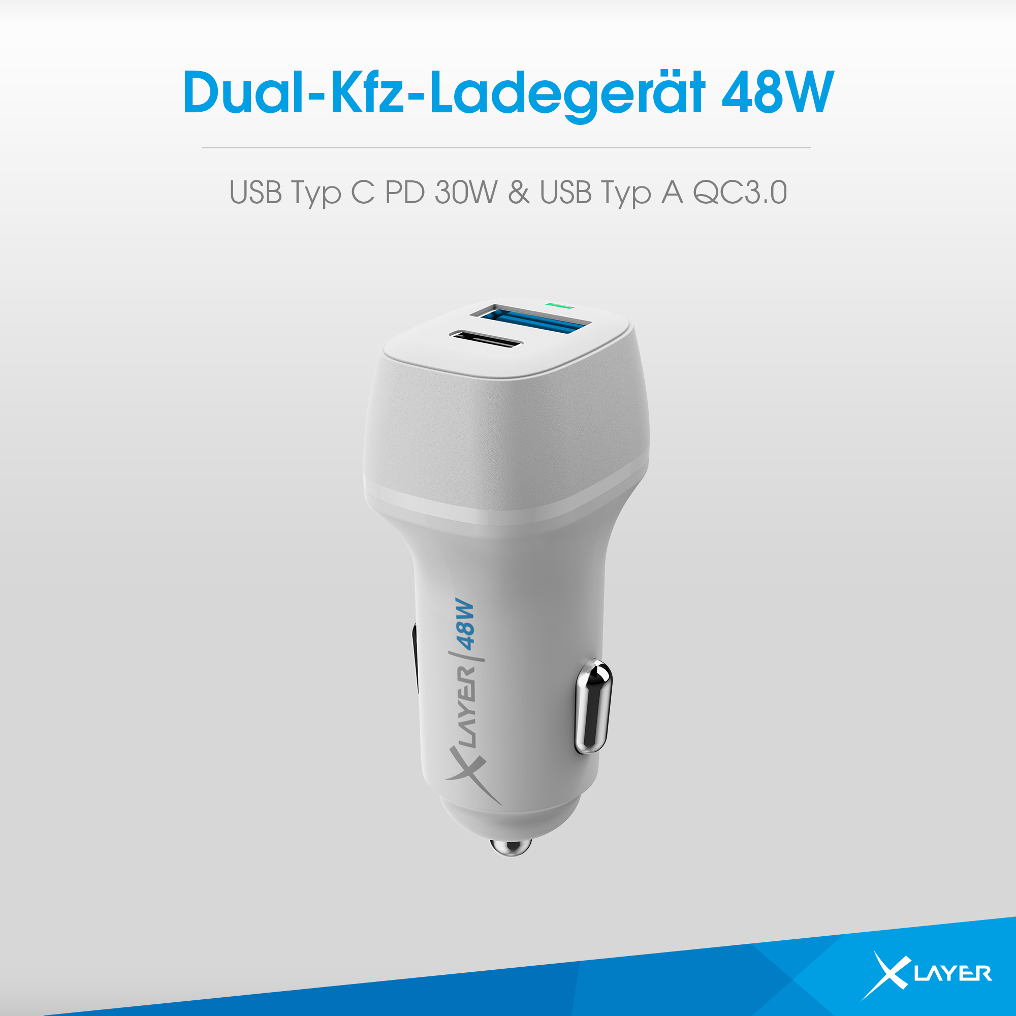 Weißes Dual-Kfz-Ladegerät mit USB-Anschlüssen, 48W Ausgangsleistung und Layer-Markenlogo.