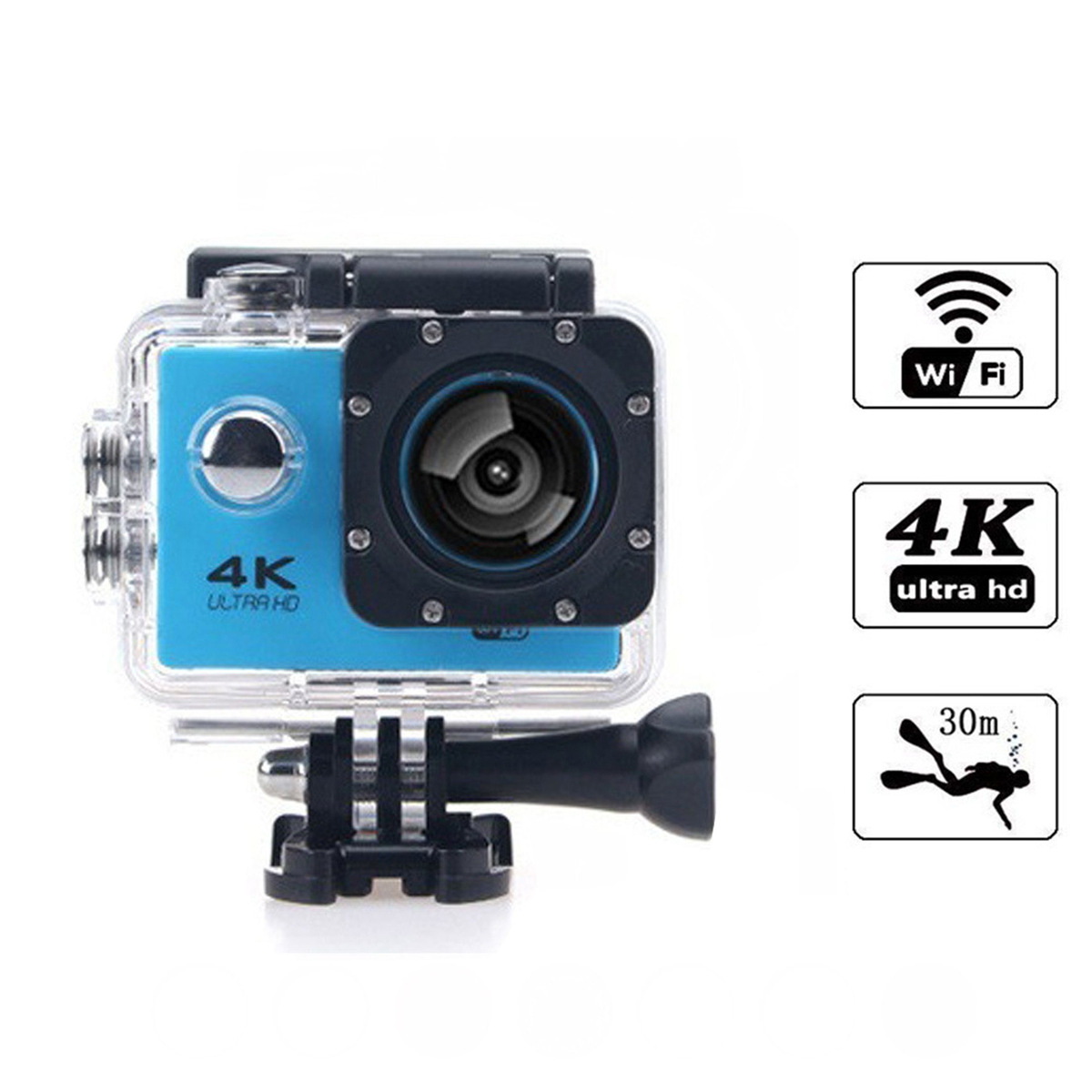 Blaue Action-Kamera mit Wi-Fi, 4K Ultra HD und Taucher-Symbol, transparentes Gehäuse.