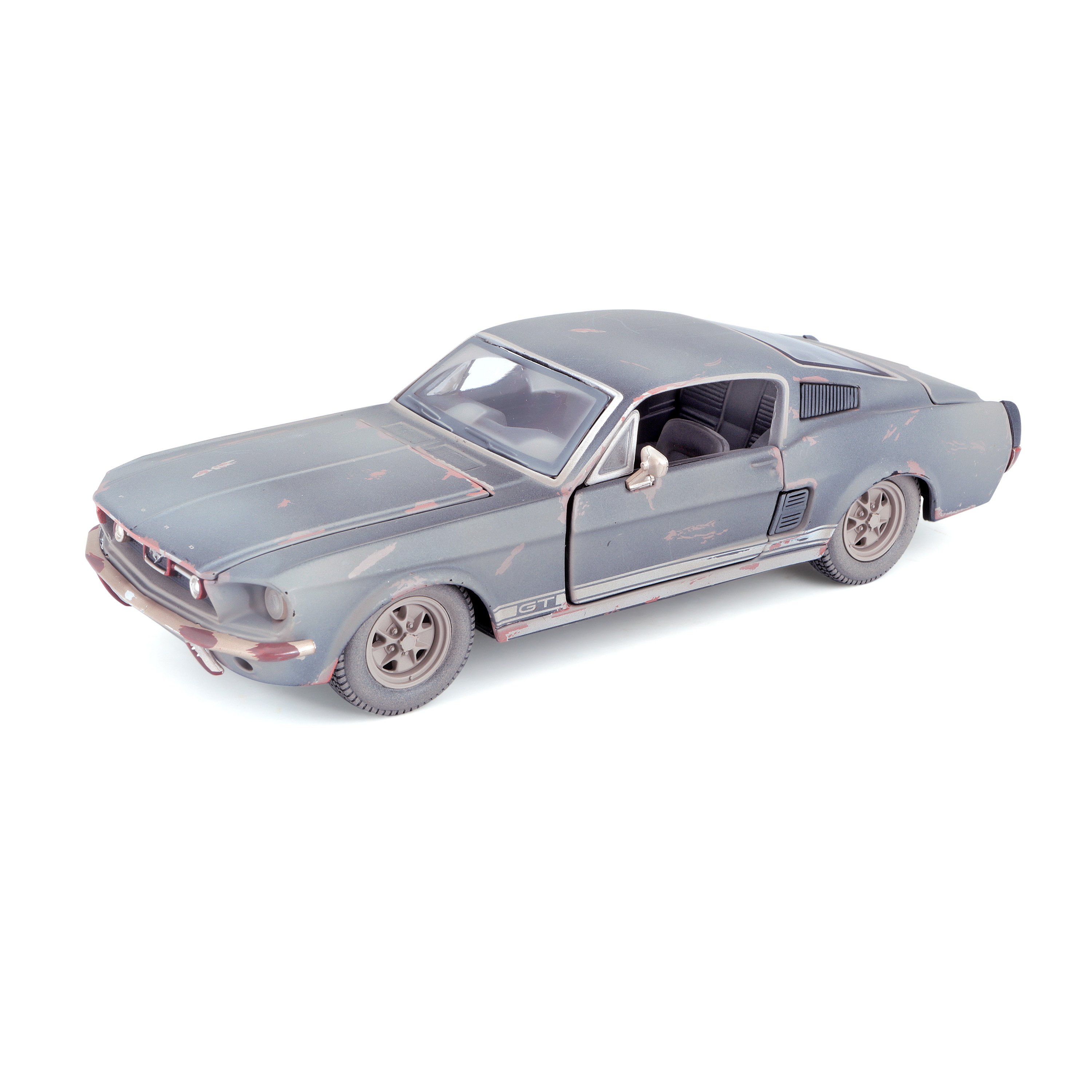 Graues Oldtimer-Automodell auf weißem Hintergrund. Es hat ein klassisches Design.