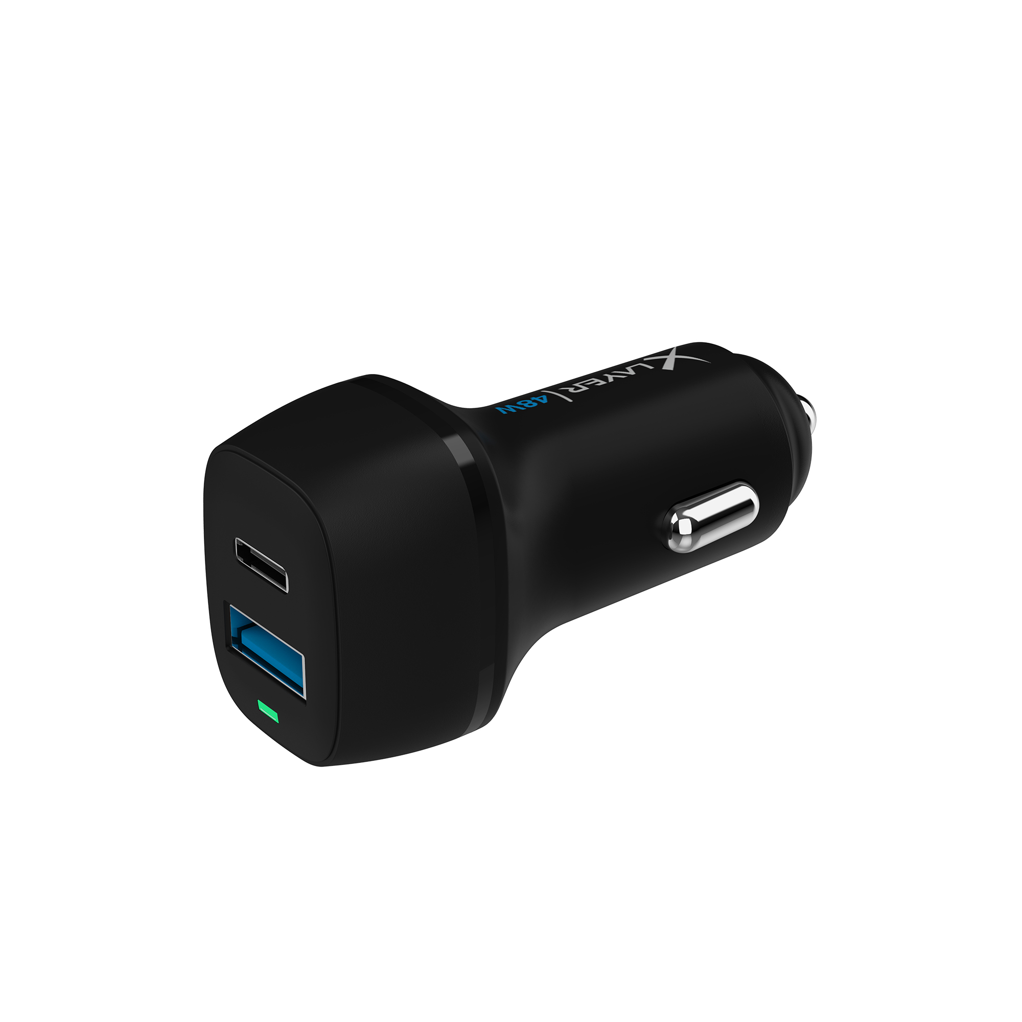 Schwarzes Autoladegerät mit USB-Anschlüssen. Schwarzes Ladegerät mit USB-C- und USB-A-Anschlüssen.