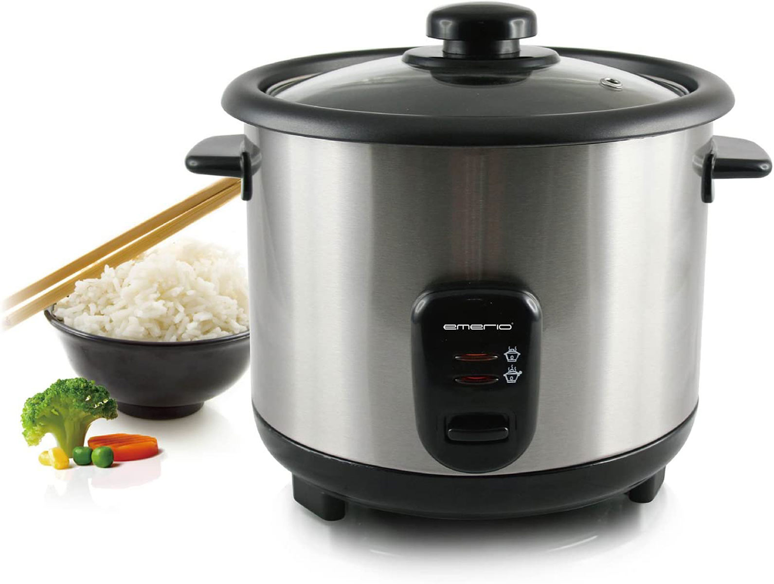 Una arrocera con arroz, palillos y verduras. La olla es plateada y negra.