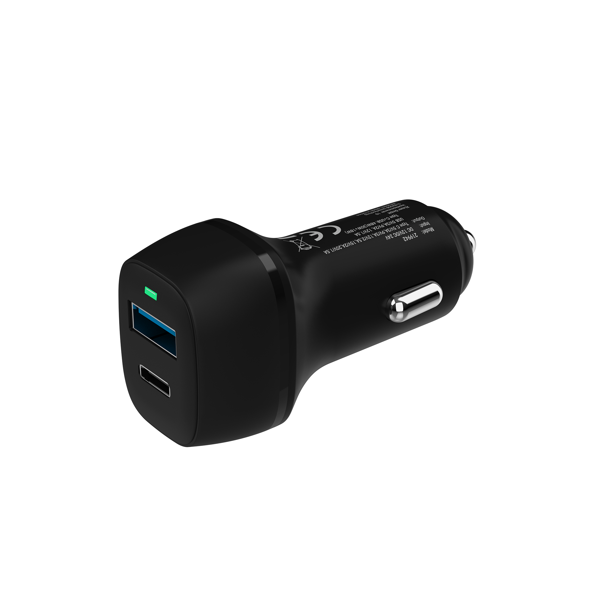Ein schwarzes Autoladegerät mit 2 USB-Anschlüssen auf weißem Hintergrund.