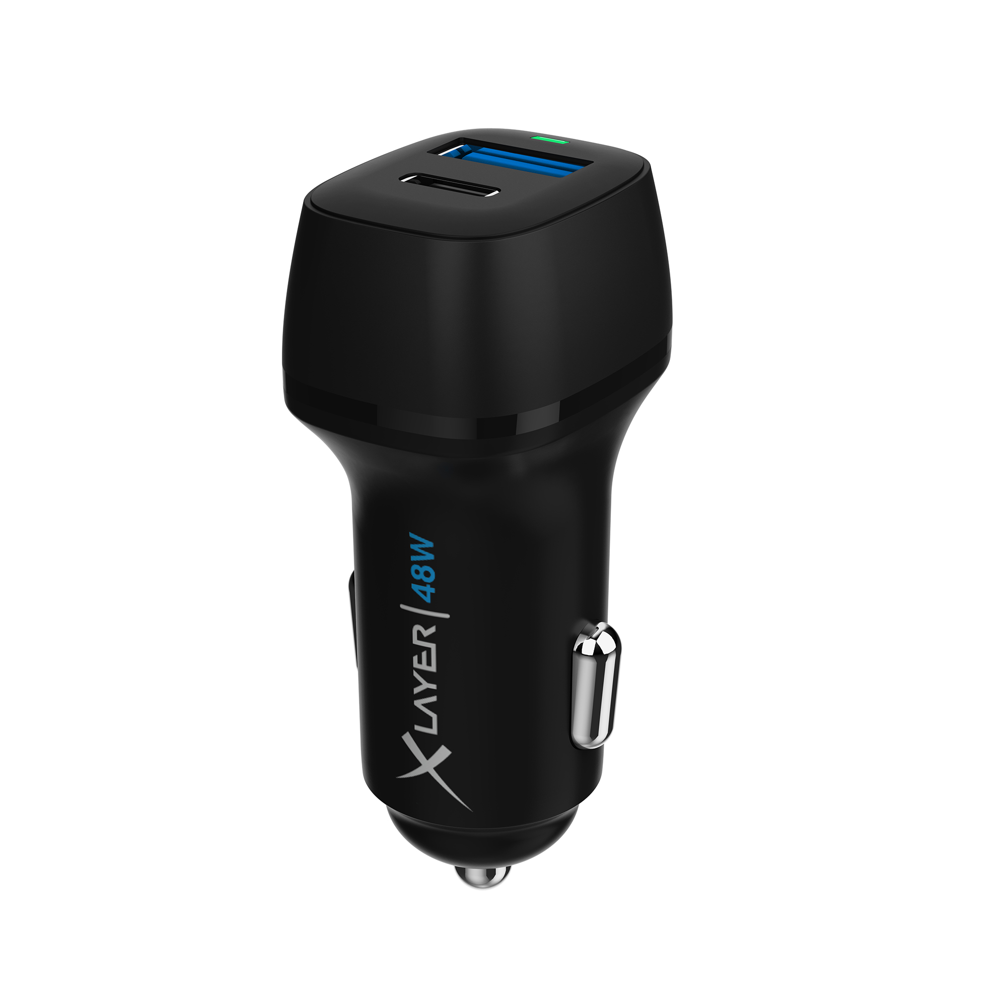 Ein schwarzes Autoladegerät mit zwei USB-Anschlüssen, mit blauem Licht, auf weißem Hintergrund.