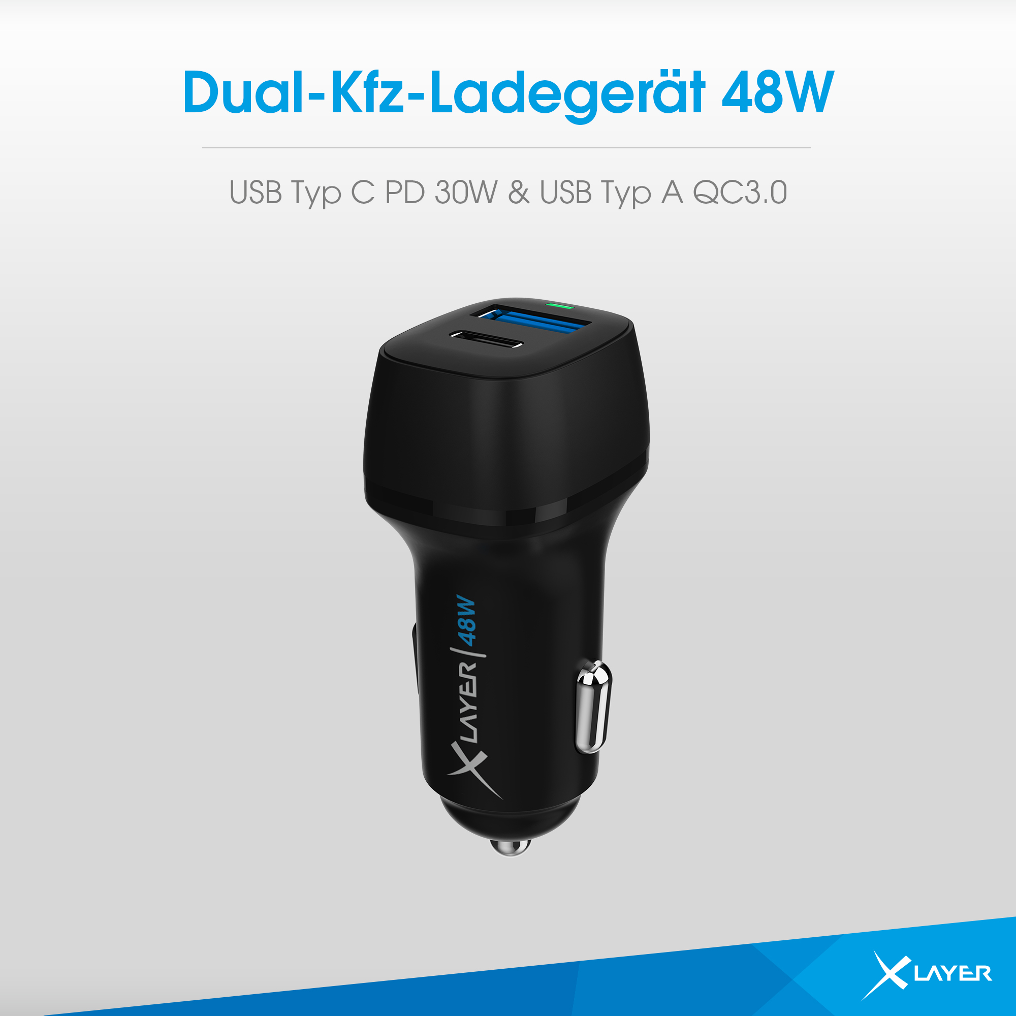 Ladegerät C USB Charger Black 18W Schwarz Typ / Kfz-Ladegerät XLAYER PD Dual Car 48W QC3.0 Universell,