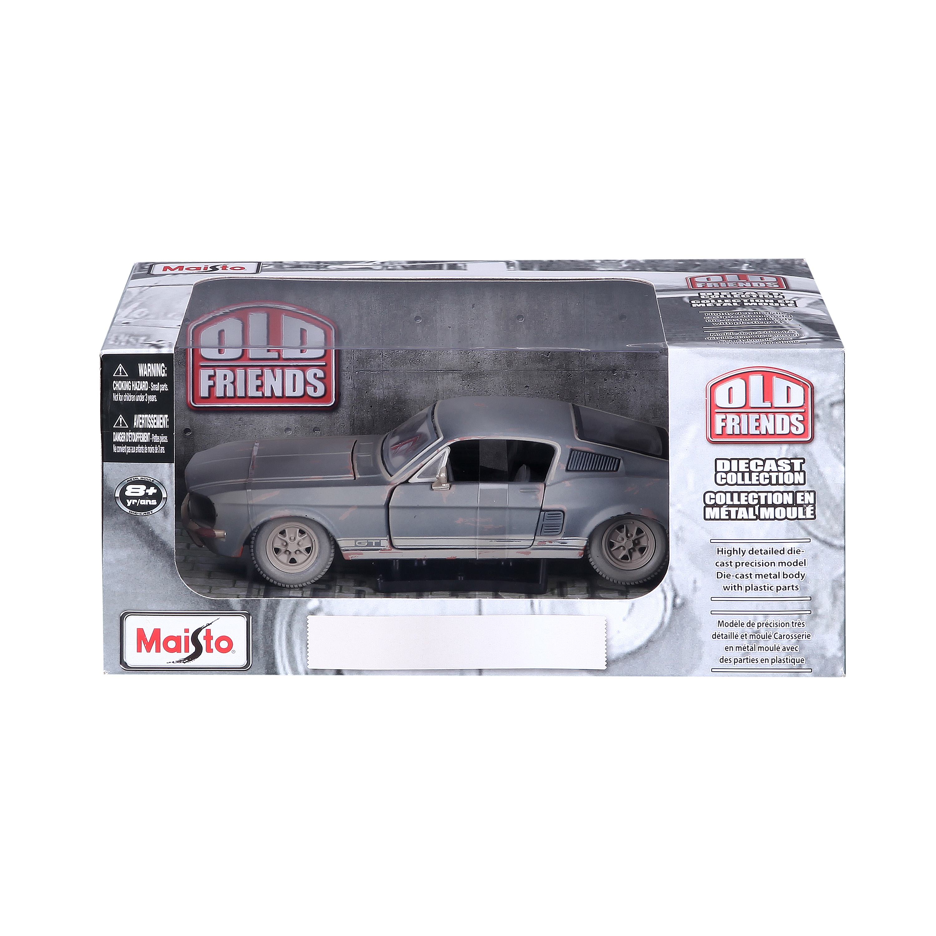 Druckgussmodell eines klassischen grauen Autos in einer Box. Text: Alte Freunde, Druckgusskollektion.