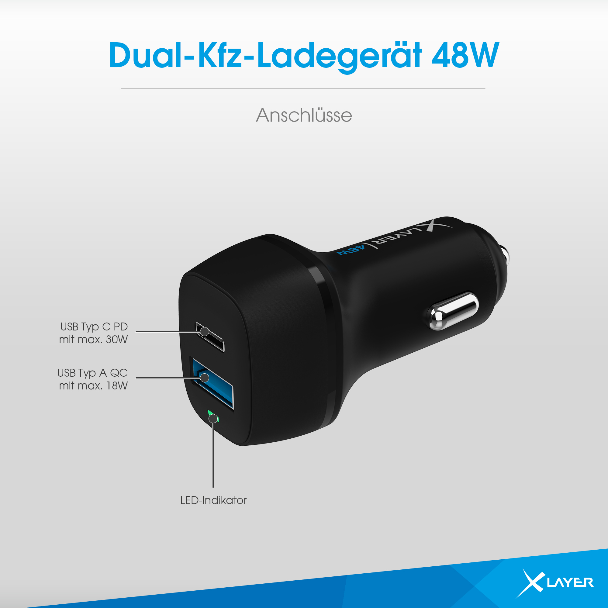 Schwarzes Autoladegerät mit USB-C- und USB-A-Anschlüssen, mit Spezifikationen und Anzeige.