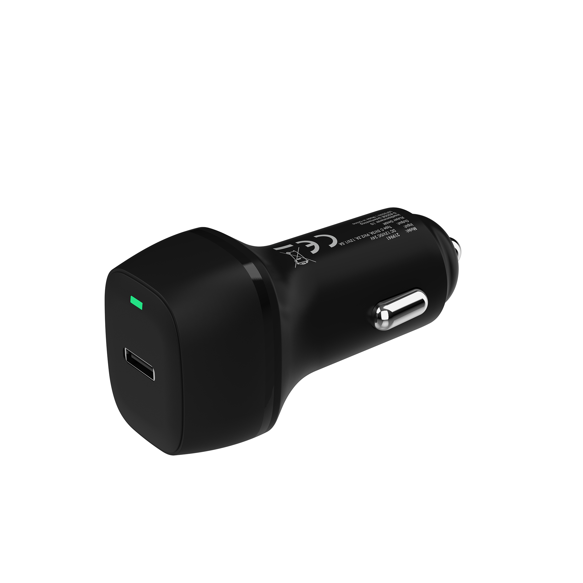 Ein schwarzes Autoladegerät mit USB-Anschluss und grünem Licht, isoliert auf weißem Hintergrund.