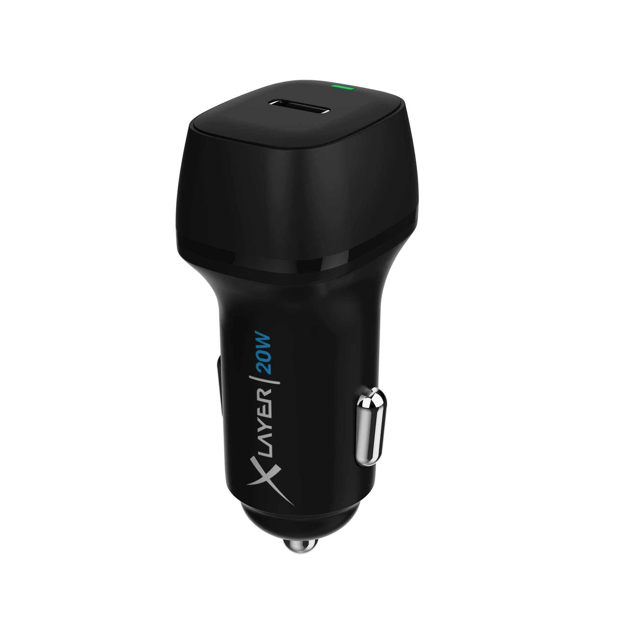 Schwarzes Autoladegerät mit USB-Anschluss und der Aufschrift "X LAYER 20W".