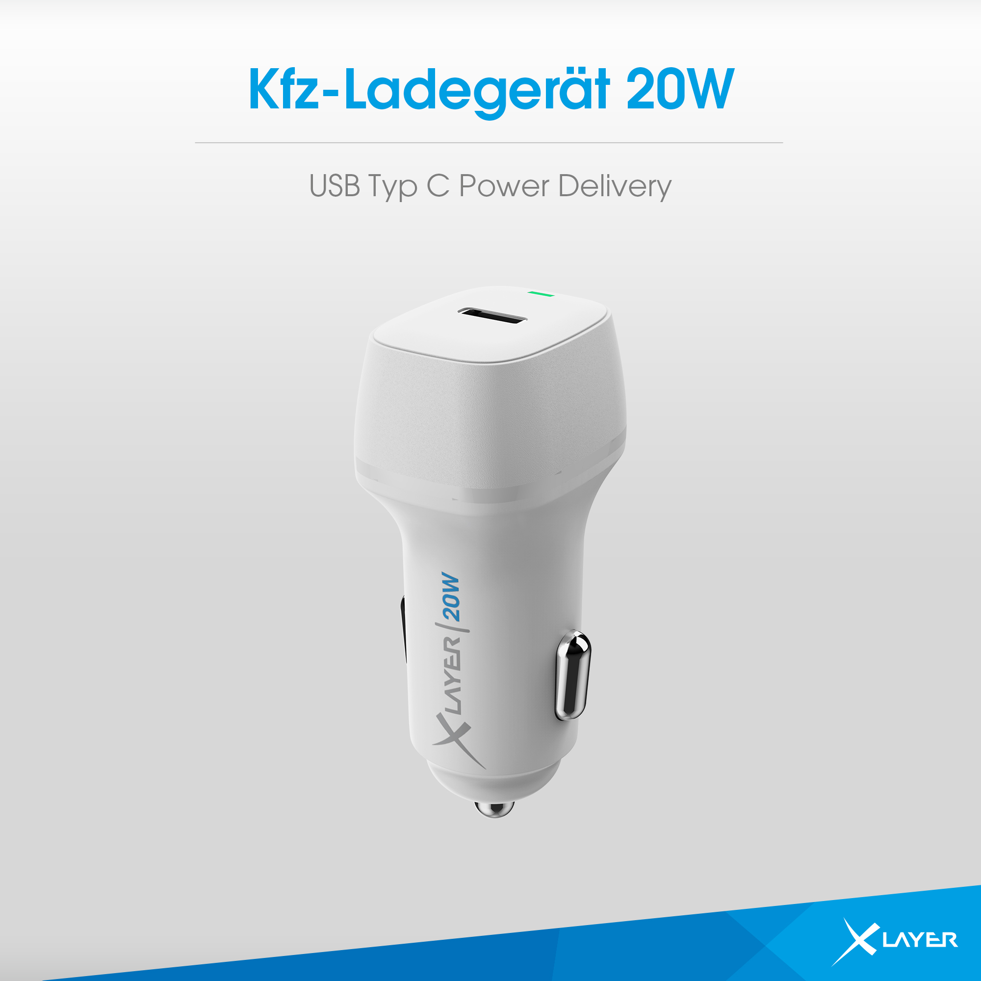 Kfz-Ladegerät mit USB Typ C Power Delivery Anschluss. Das Ladegerät ist weiß und schwarz.