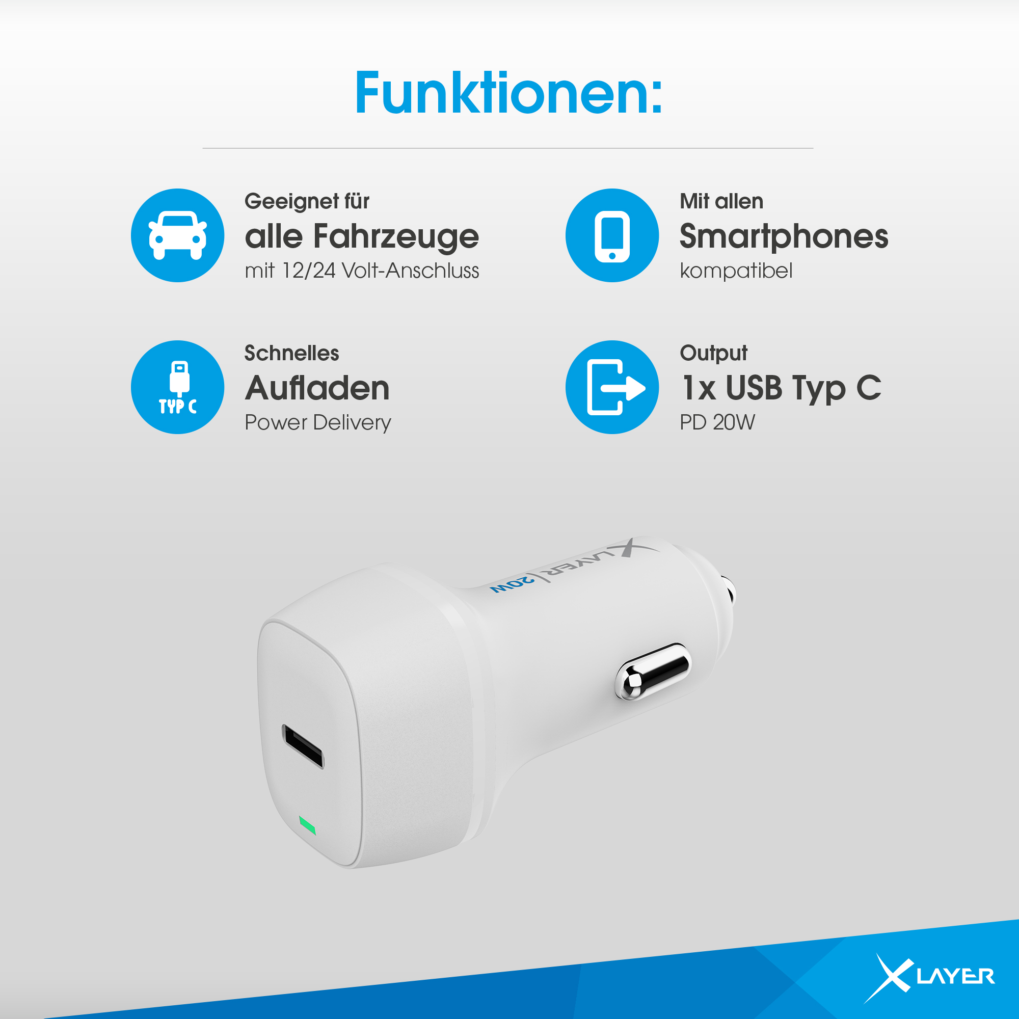 Weißes Autoladegerät mit grünem Licht und Icons: Auto, Smartphone, Schnellladung, USB-C.