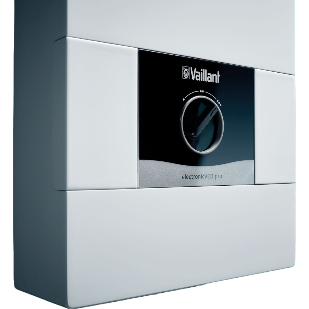 Eine weiße Vaillant Heizung mit einem schwarzen Bedienfeld und einem Drehknopf.