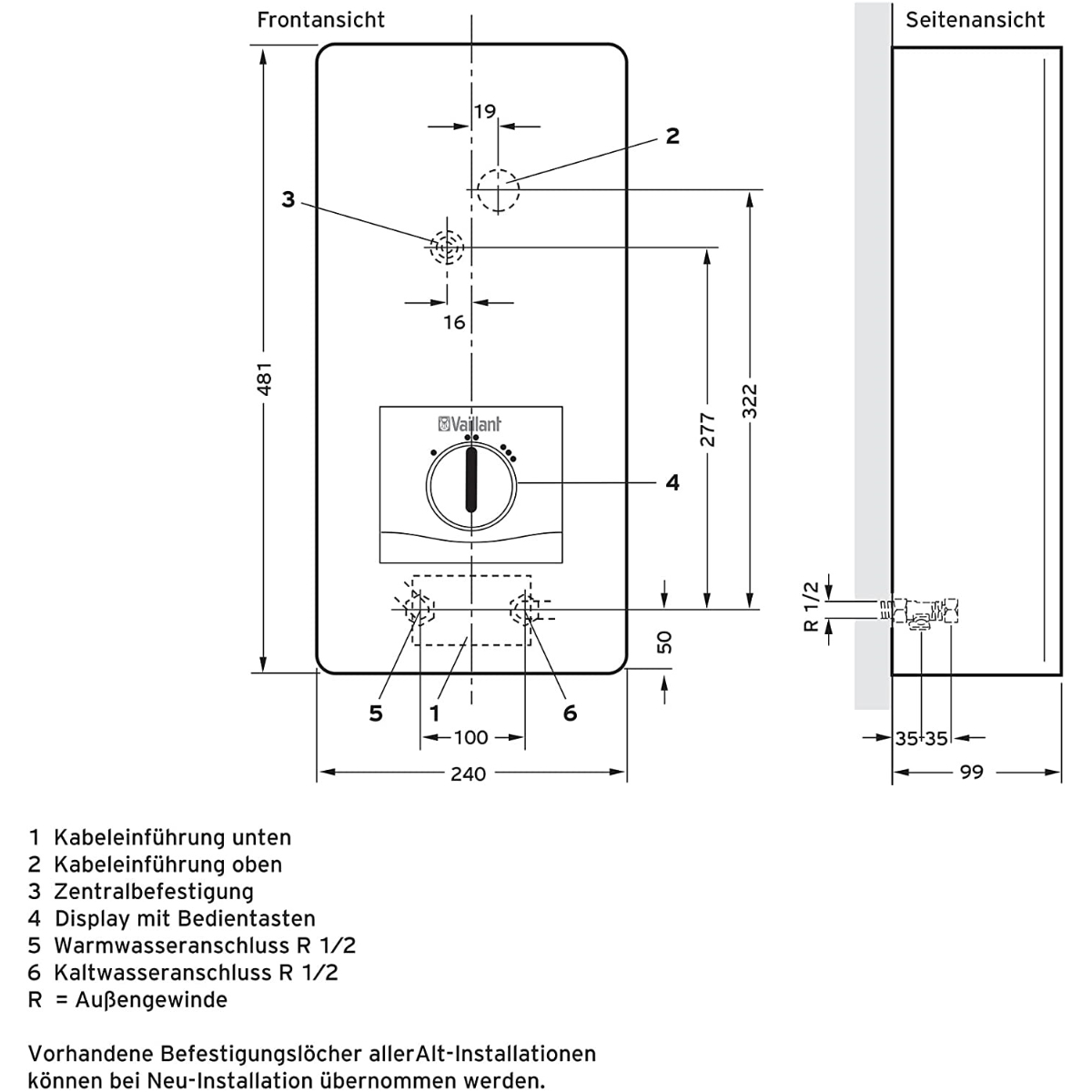 Technische Zeichnung eines Vaillant Geräts mit Maßen und Anschlüssen.