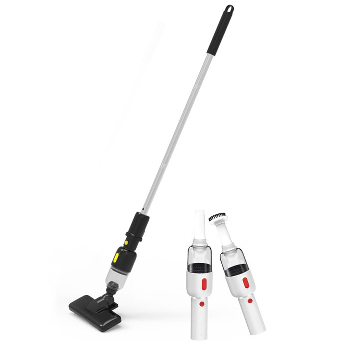 Bezprzewodowy odkurzacz z dwiema odłączanymi częściami i długim srebrnym uchwytem.