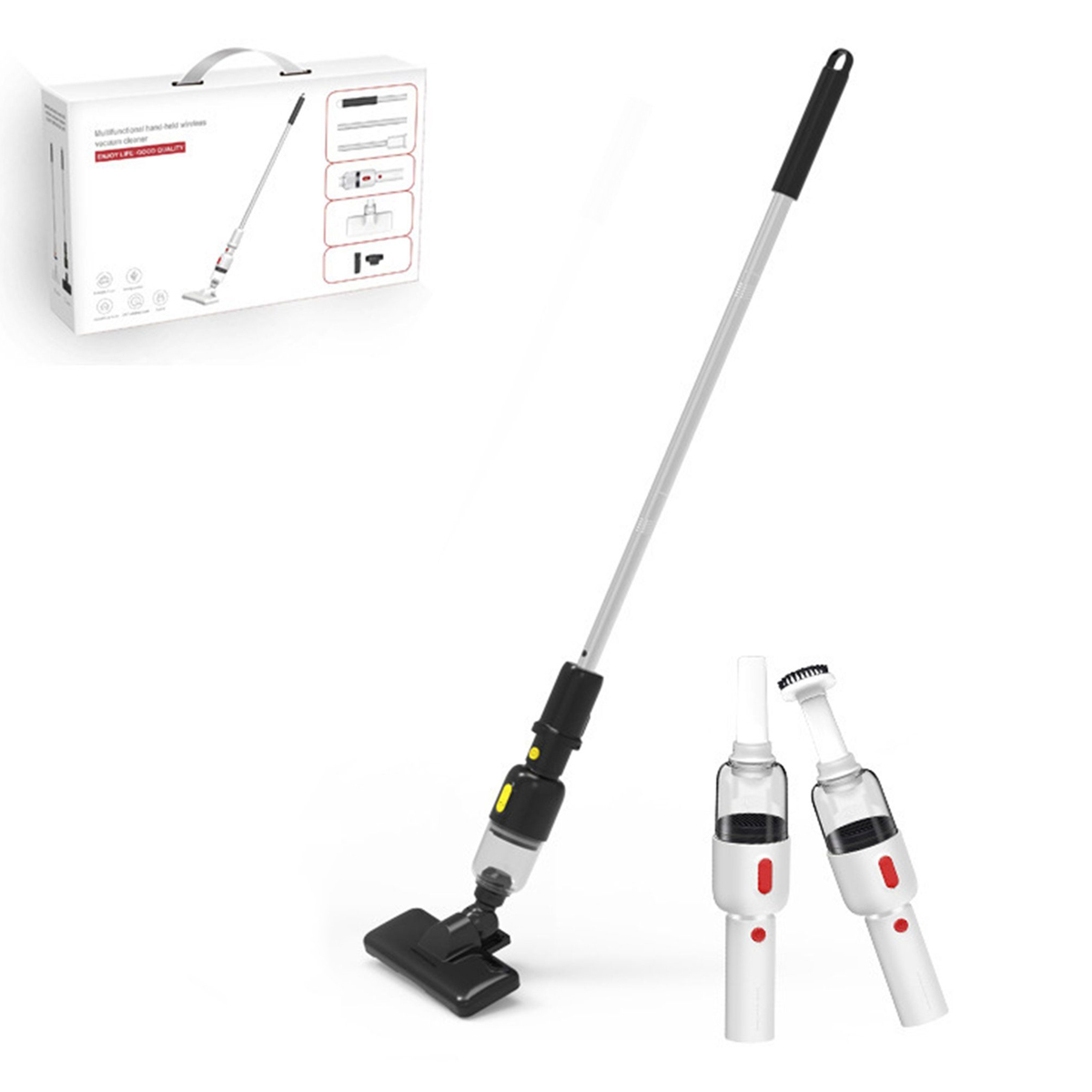 Odkurzacz ze zdejmowanymi częściami i pudełko produktu.