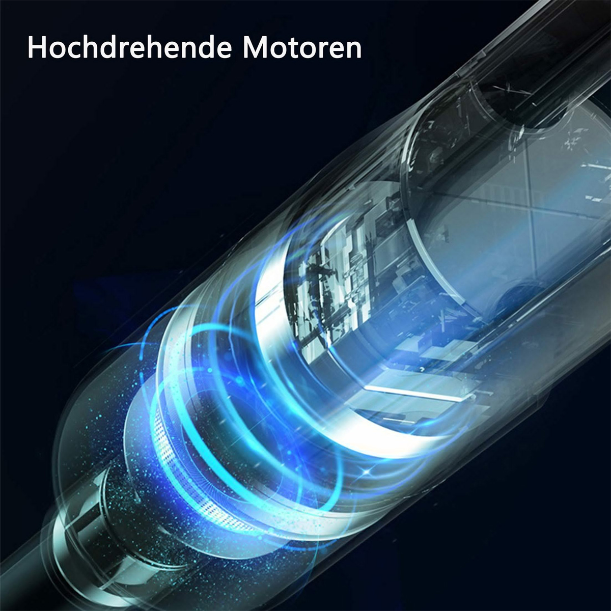 Zbliżenie przezroczystego obiektu z niebieskimi wirami światła. Widoczny tekst "Hochdrehende Motoren".