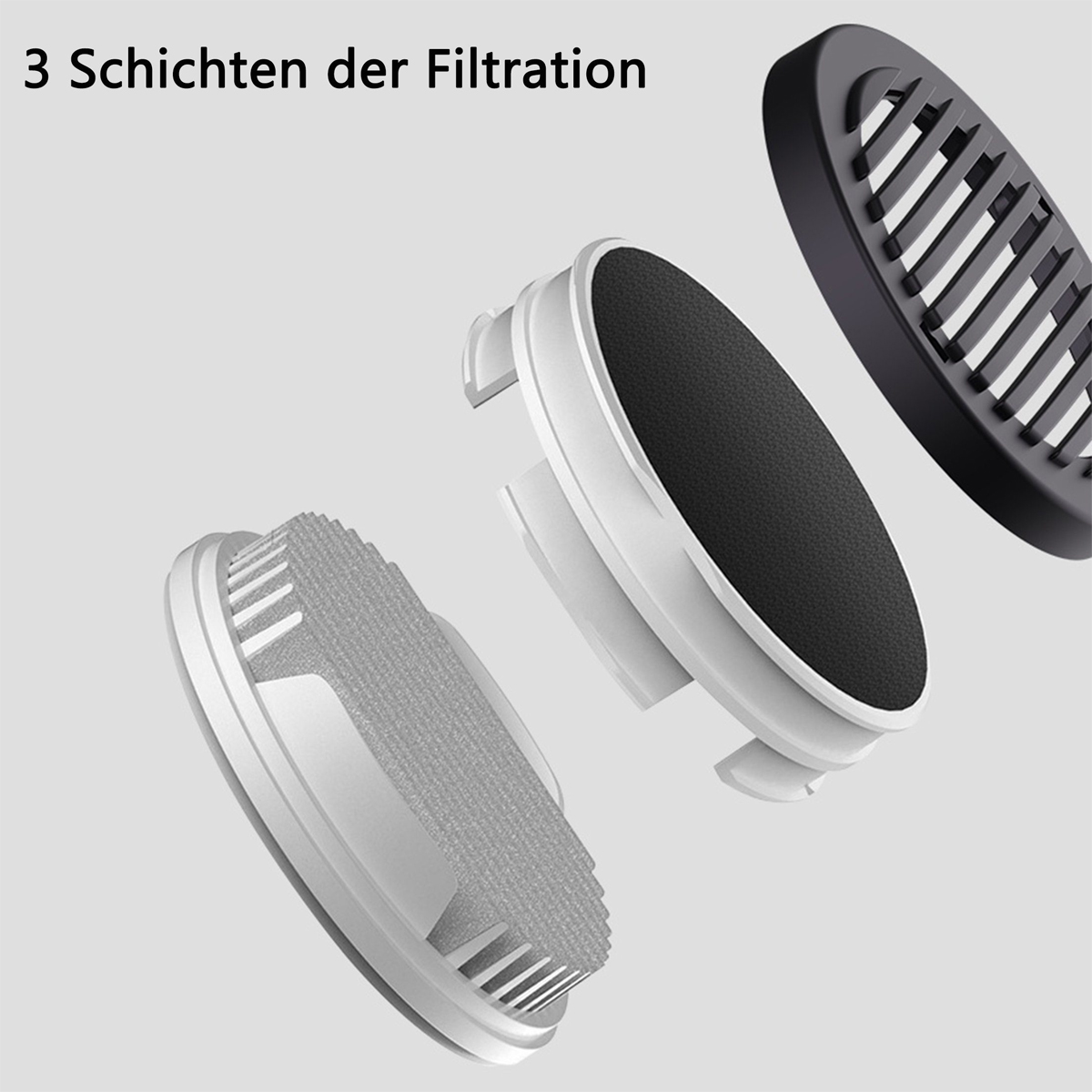 Trzy warstwowe elementy filtra powietrza, białe i czarne.