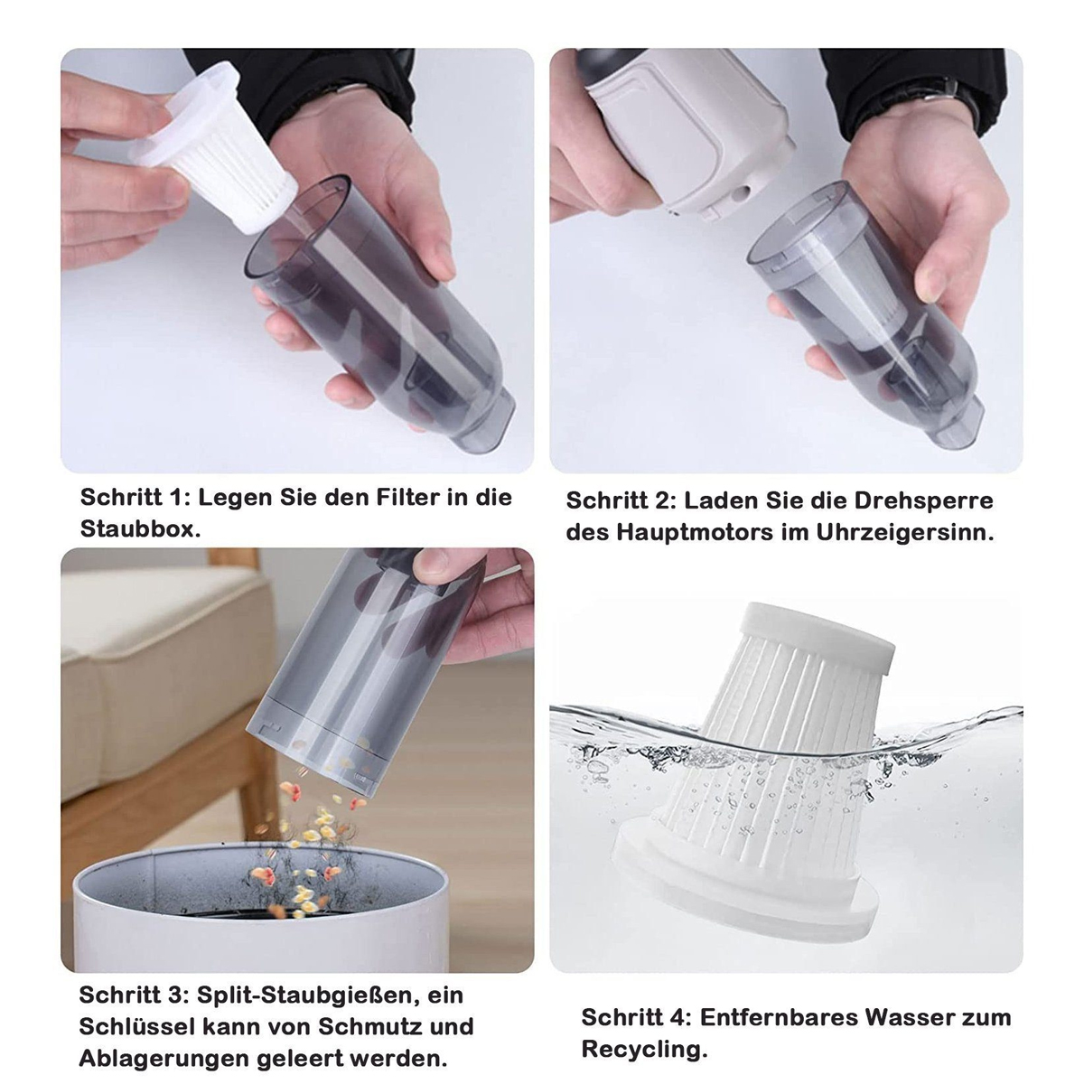 Vier Bilder, die die Montage des Staubsaugers zeigen: Filtereinsatz, Verriegelung, Entleerung und Wasserrecycling.