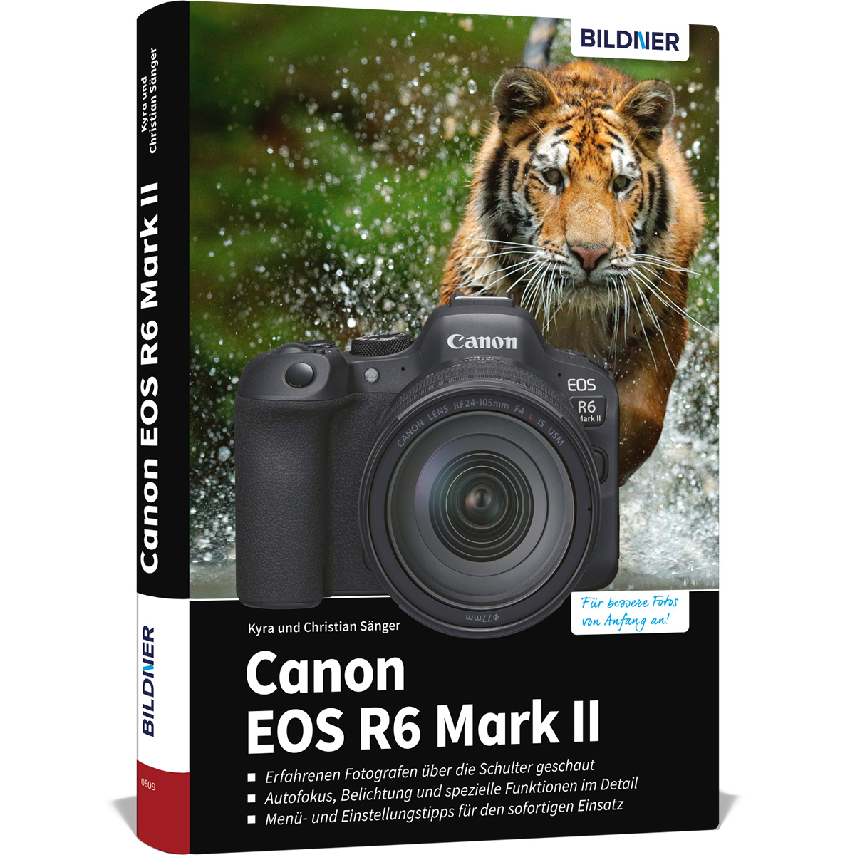 Buchcover von Canon EOS R6 Mark II. Es hat ein Kamera- und Tigerbild. Das Buch ist betitelt.