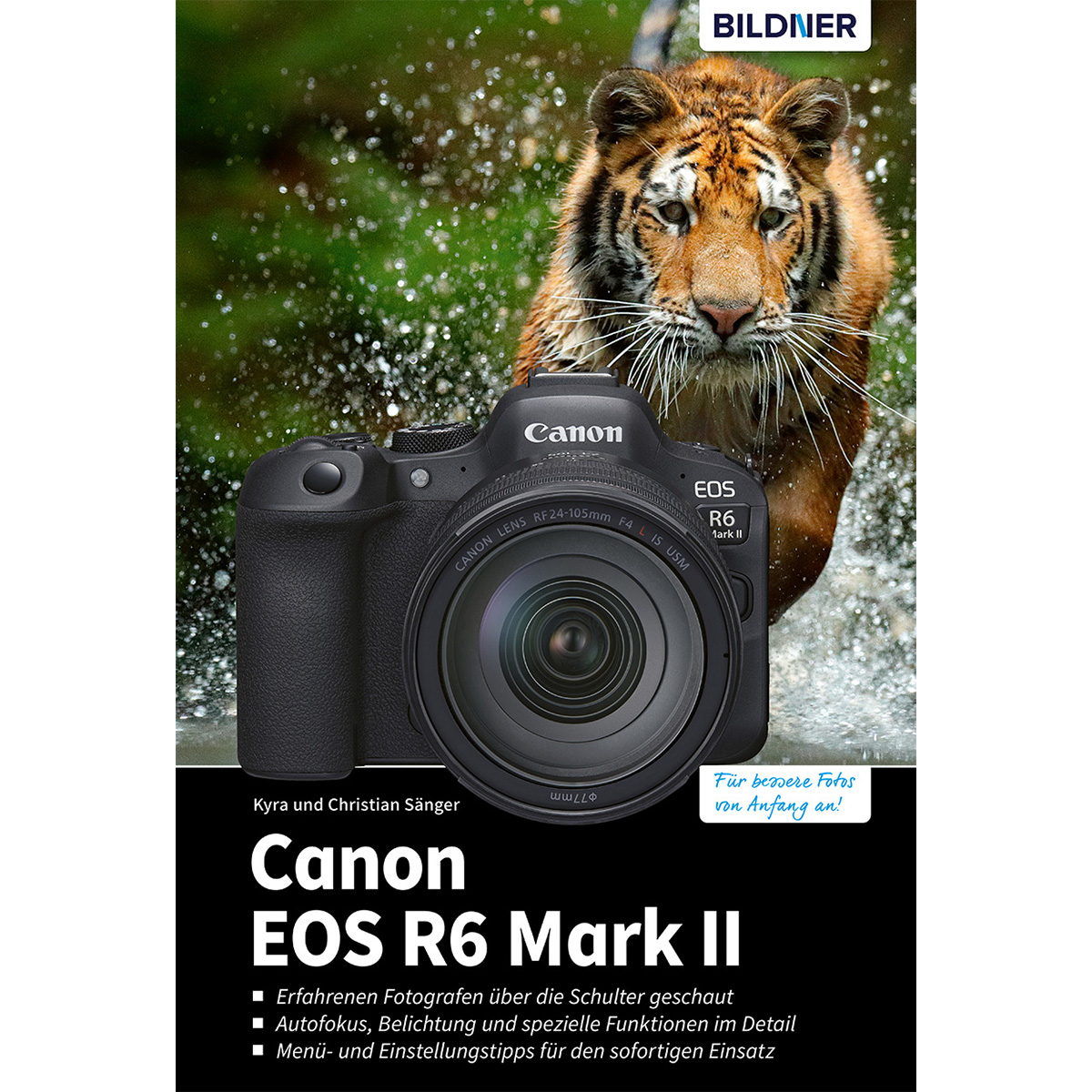 Eine Canon EOS R6 Mark II Kamera mit Tigerbild als Hintergrund und Text über die Kamera.