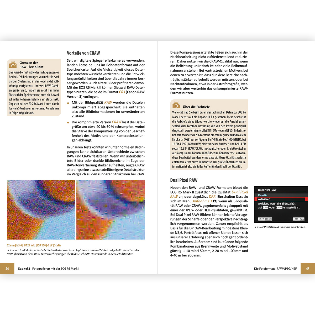 Buchseiten über Fotografie. Enthält Text und Bilder von einer Kamera und ihren Einstellungen.
