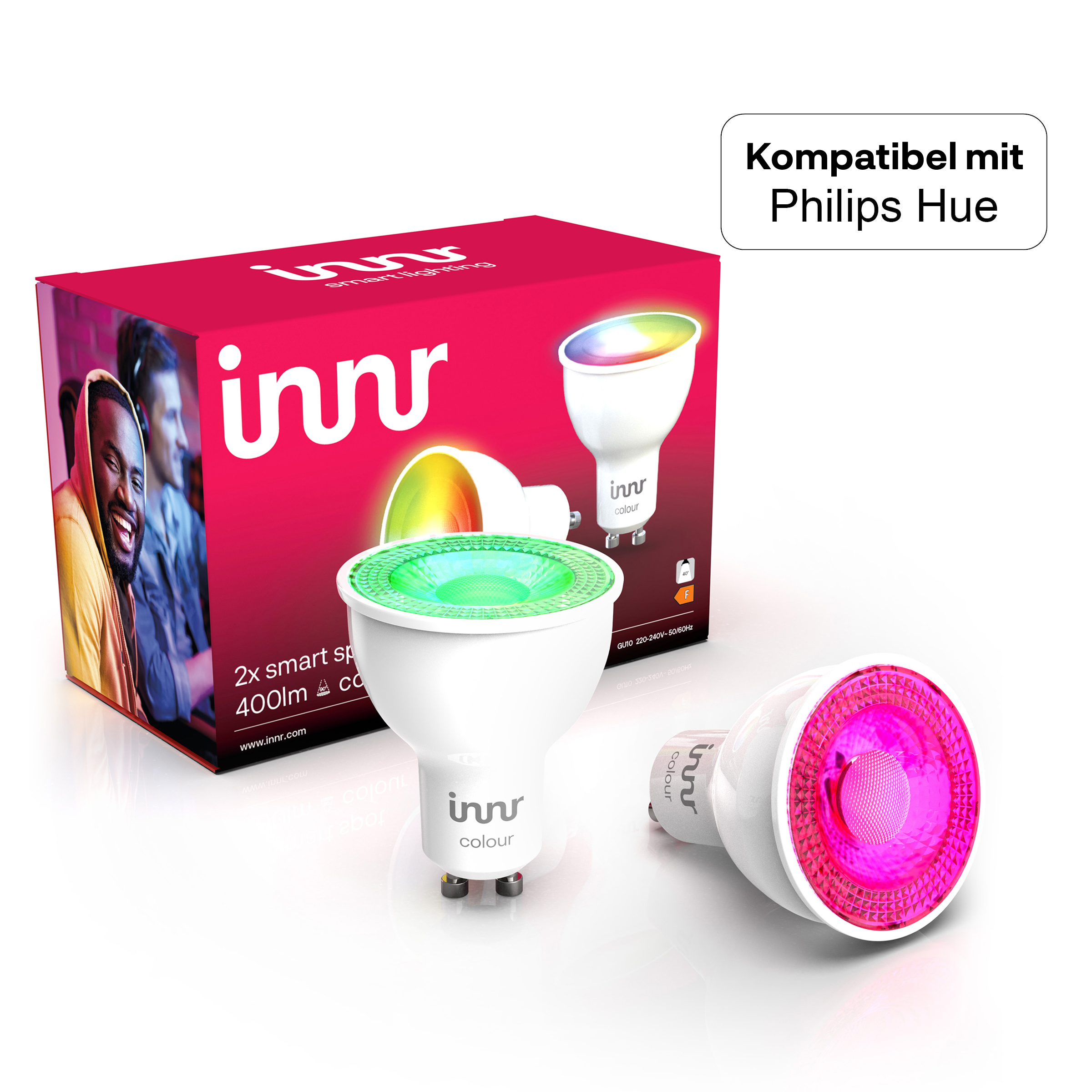 INNR Zigbee GU10 C-2 mit Hue white, Philips 232 Smart white, RGBW, multicoloured, & warm LED, Kompatibel neutral Alexa, 2-pack, RS cold Lampe LED white
