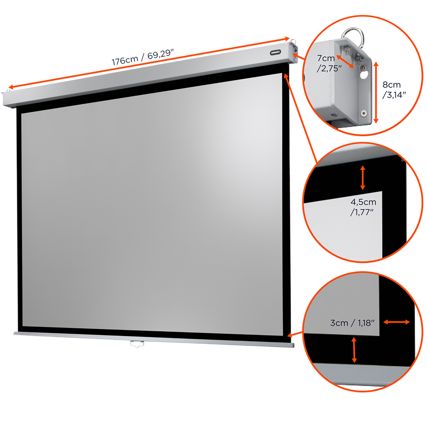 Projektorleinwand mit Maßen. Weiße Leinwand in silbernem Gehäuse. Details der Leinwandabmessungen.