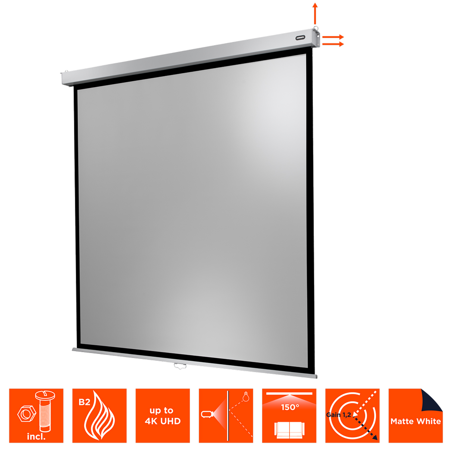 Weiße Projektionsleinwand. Darunter Symbole für Schrauben, Feuer, 4K UHD, Projektorbild, 150 Grad, Gain 1,2 und mattweiß.