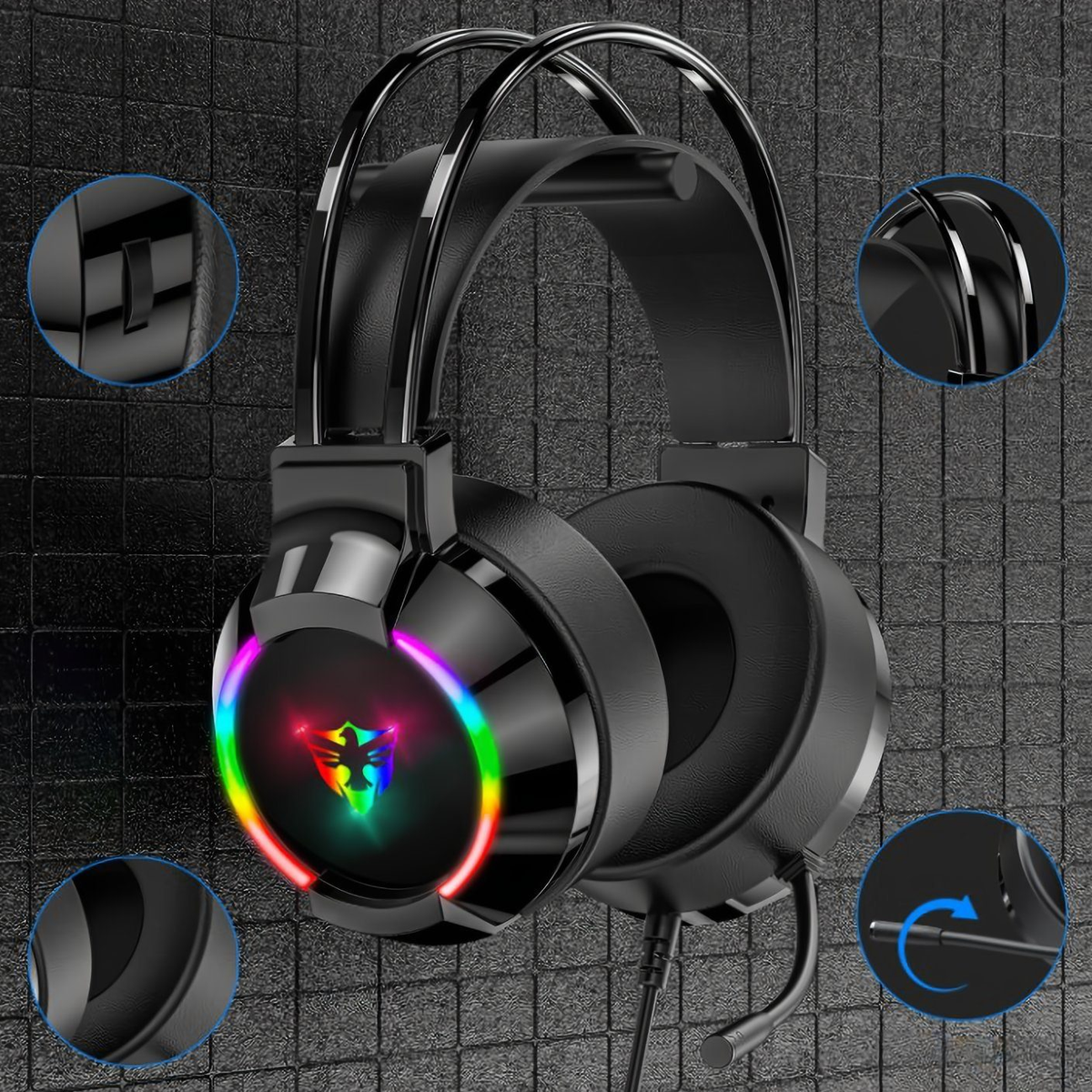 Schwarzes Gaming-Headset mit bunten Lichtern. Vier Nahaufnahmen.