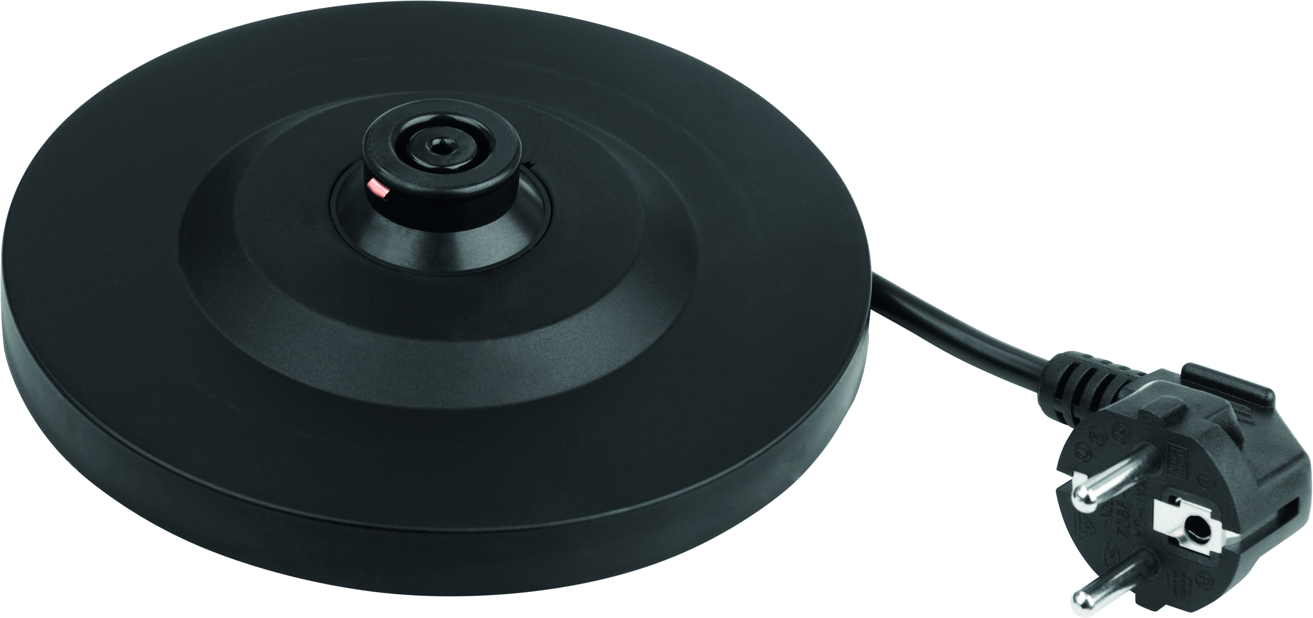 Czarna podstawa czajnika z przewodem zasilającym i wtyczką na białej powierzchni.