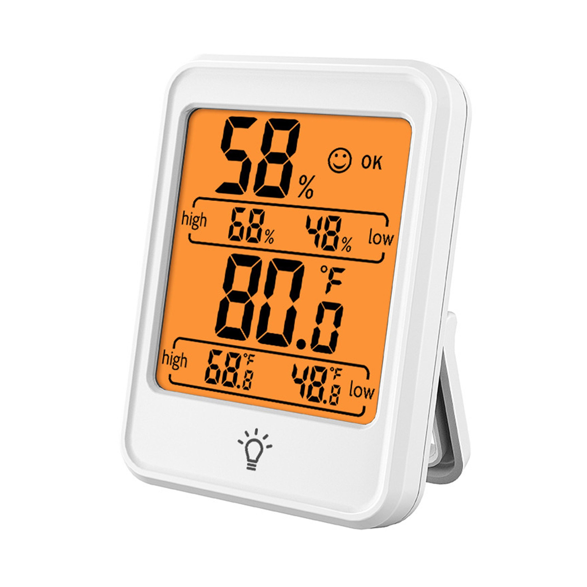 Digitales Thermometer mit Temperatur- und Feuchtigkeitsmesswerten.