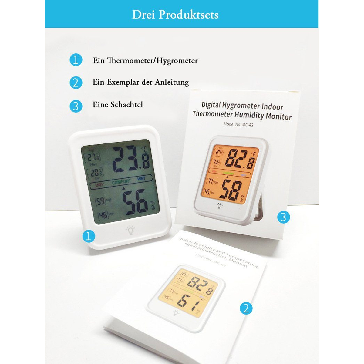 BABY JA Hintergrundbeleuchtung Hygrothermometer mit Thermometer,Hygrometer Innen,Display Raumthermometer Digitales