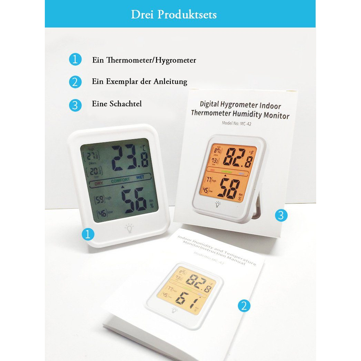 Digitales Hygrometer, Bedienungsanleitung und Box, mit Produktbezeichnung auf Deutsch.